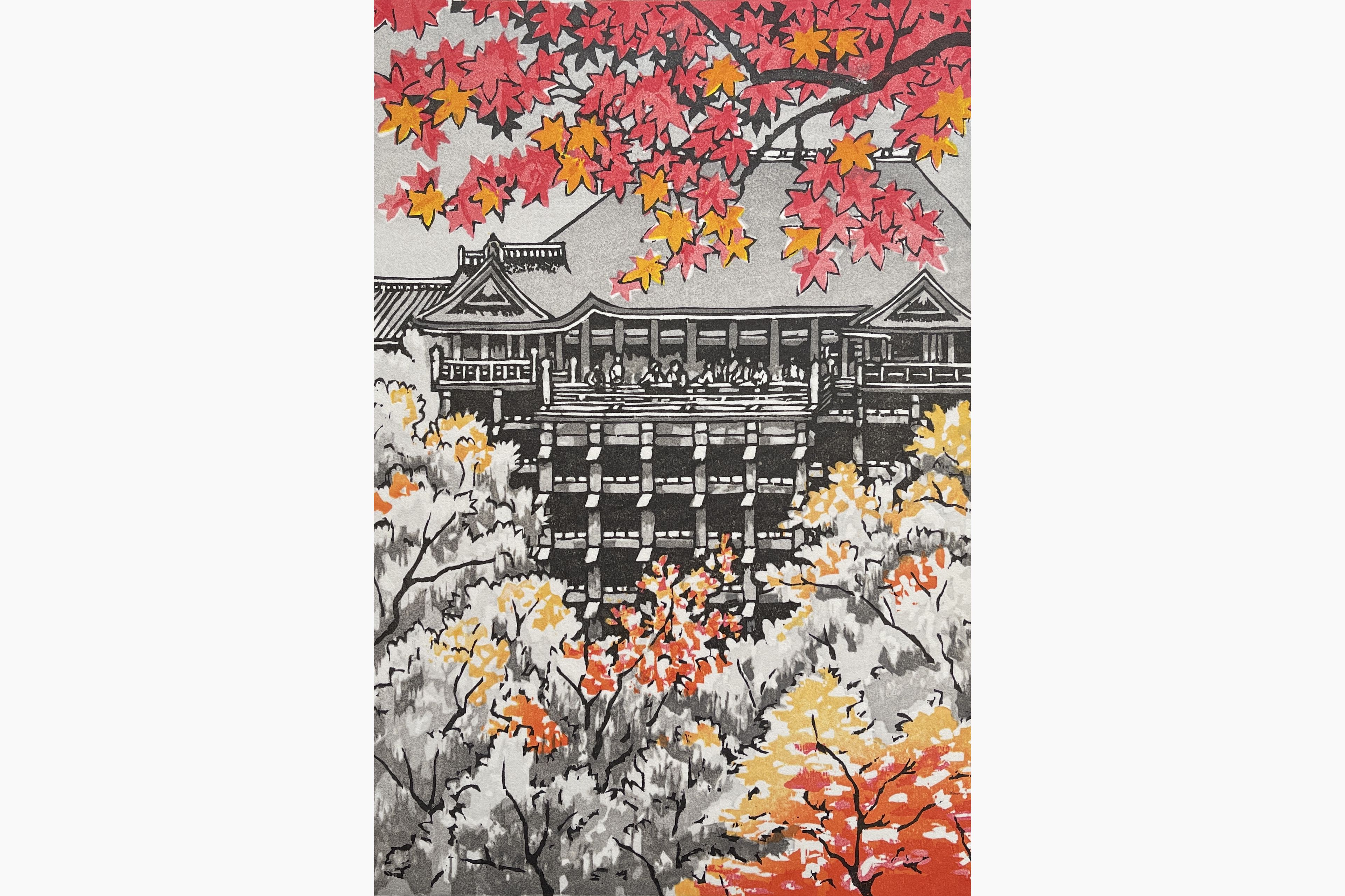 Original woodblock print - Fu Takenaka - Kiyomizudera maple temple in autumn