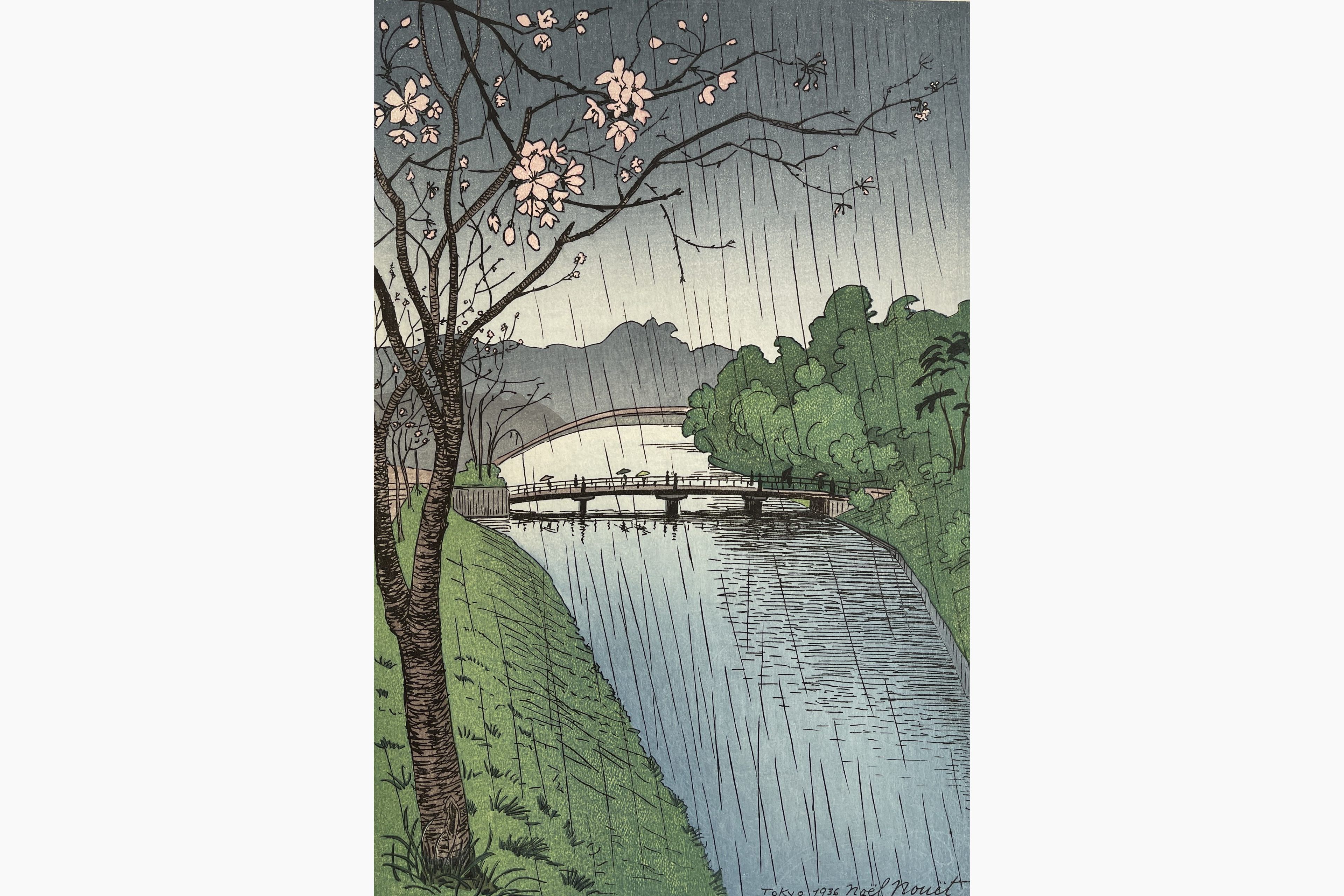 Original woodblock print - Noel Nouet - Akasaka Mitsuke