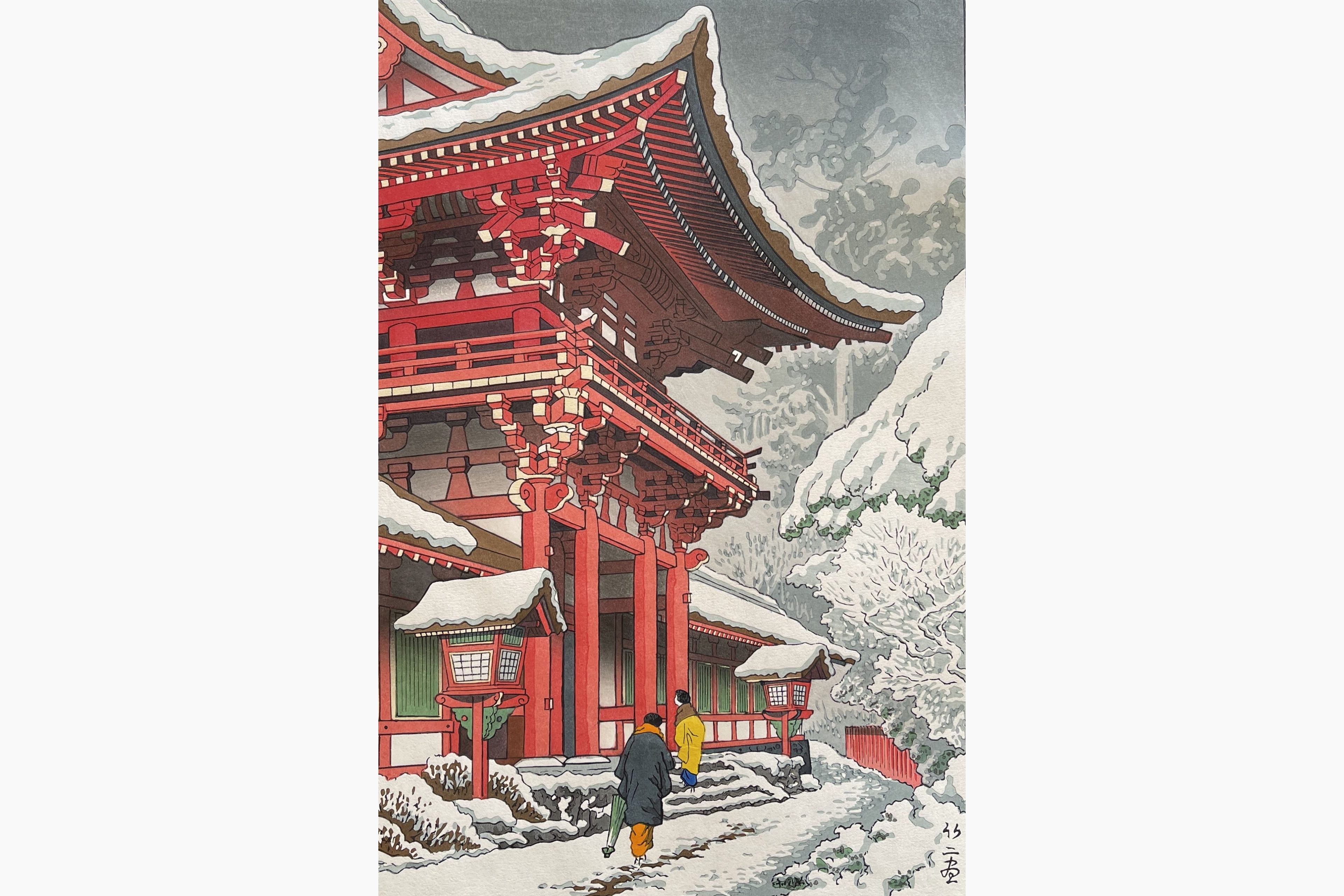 Original woodblock print - Takeji Asano - Snow in Kamigamo Shrine, Kyoto