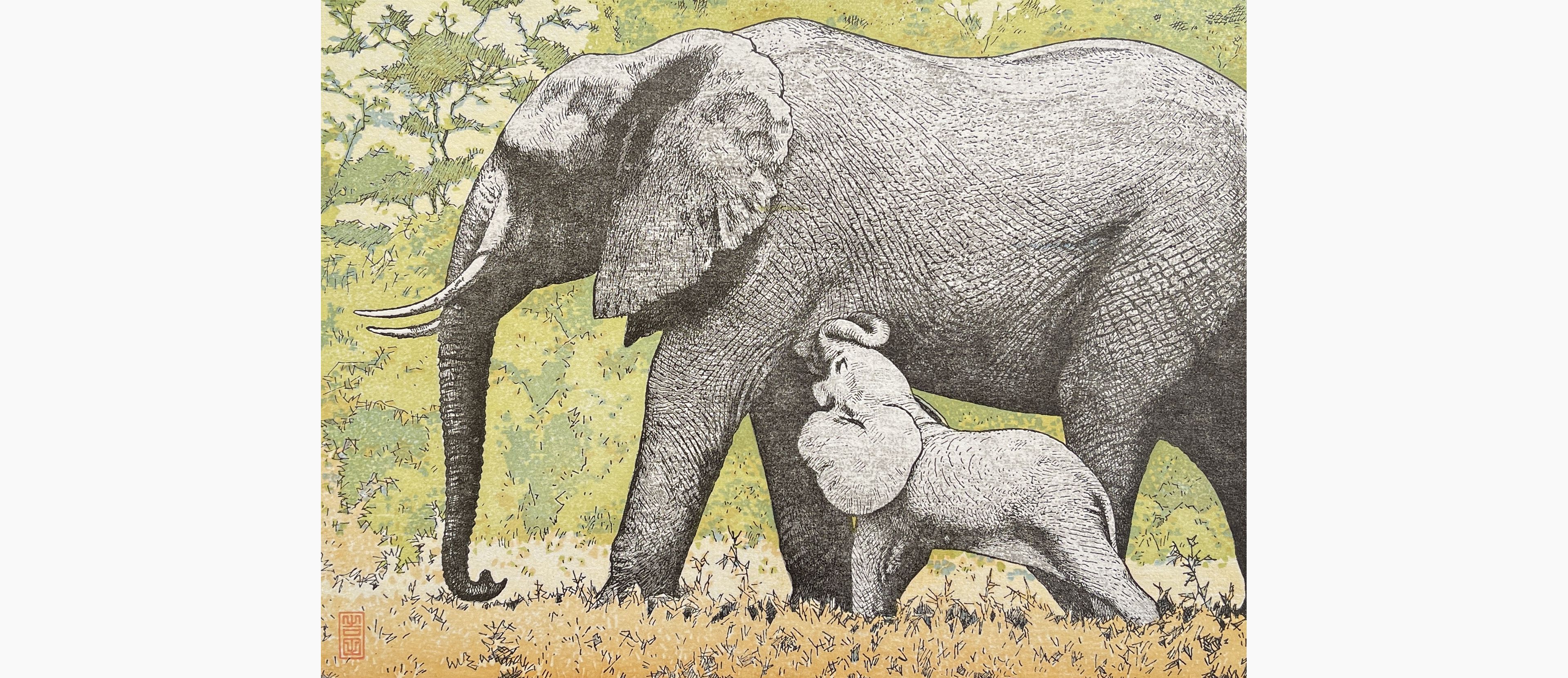 Original woodblock print - Toshi Yoshida - Elephants