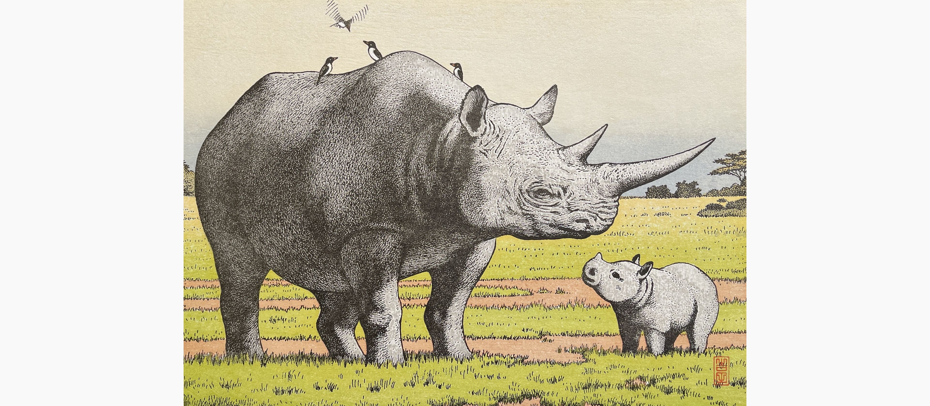 Original woodblock print - Toshi Yoshida - Rhinoceros
