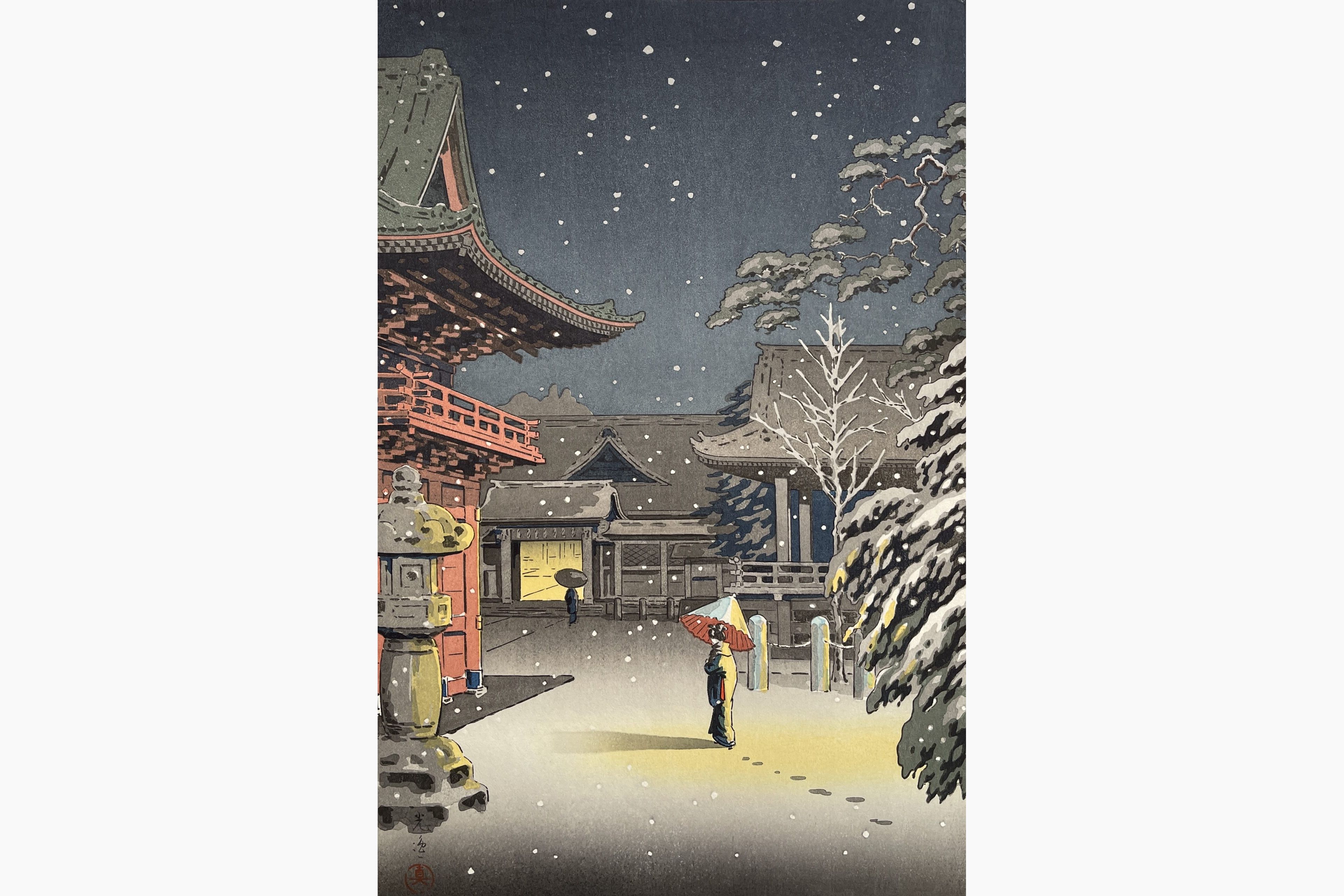 Original woodblock print - Tsuchiya Koitsu - Snow at Nezu Shrine