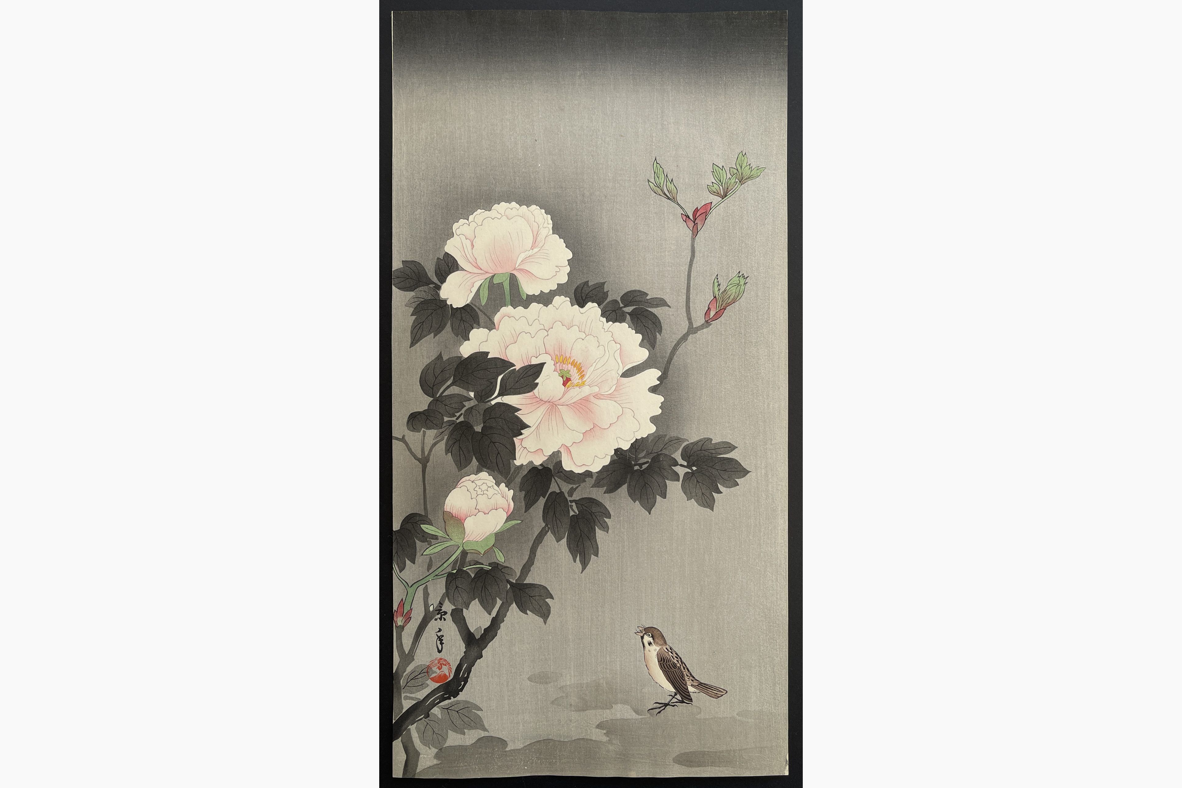 Japanese woodblock print - Imao Keinen - Sparrow and Peonies