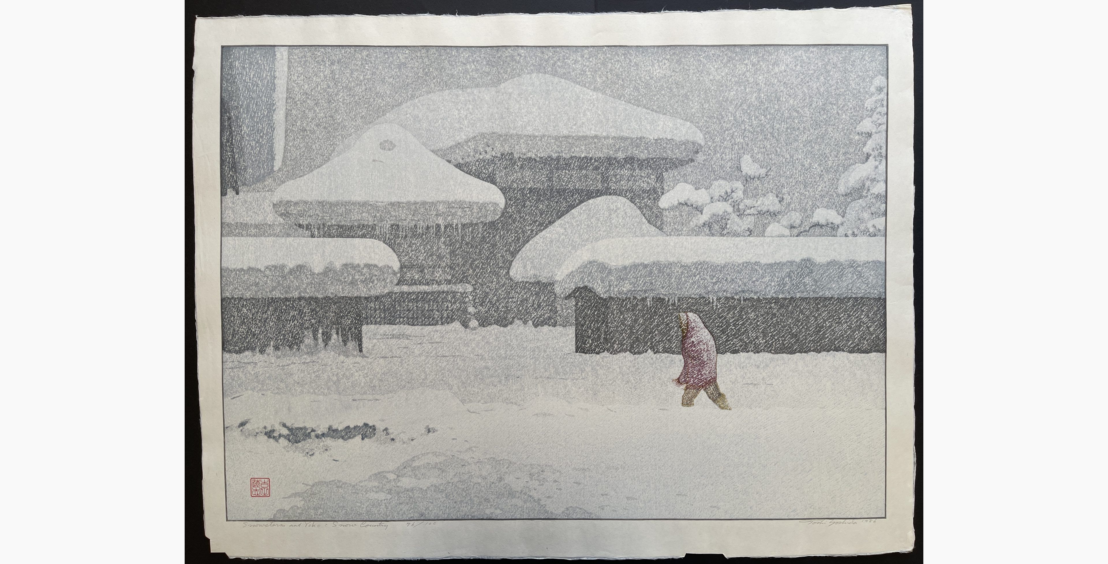 Japanese woodblock print - Toshi Yoshida - Snowstorm and Yoko: Snow Country