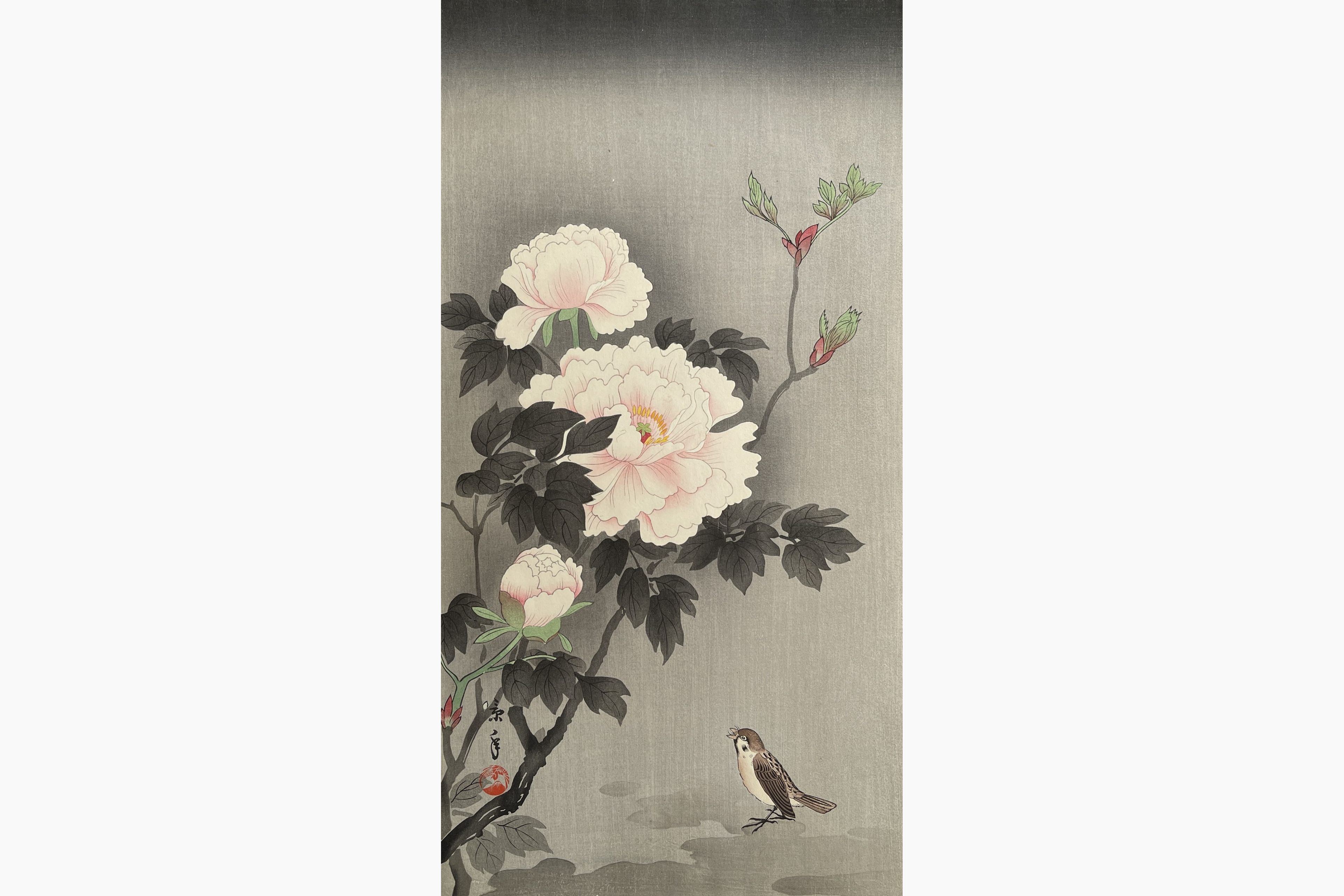Original woodblock print - Imao Keinen - Sparrow and Peonies