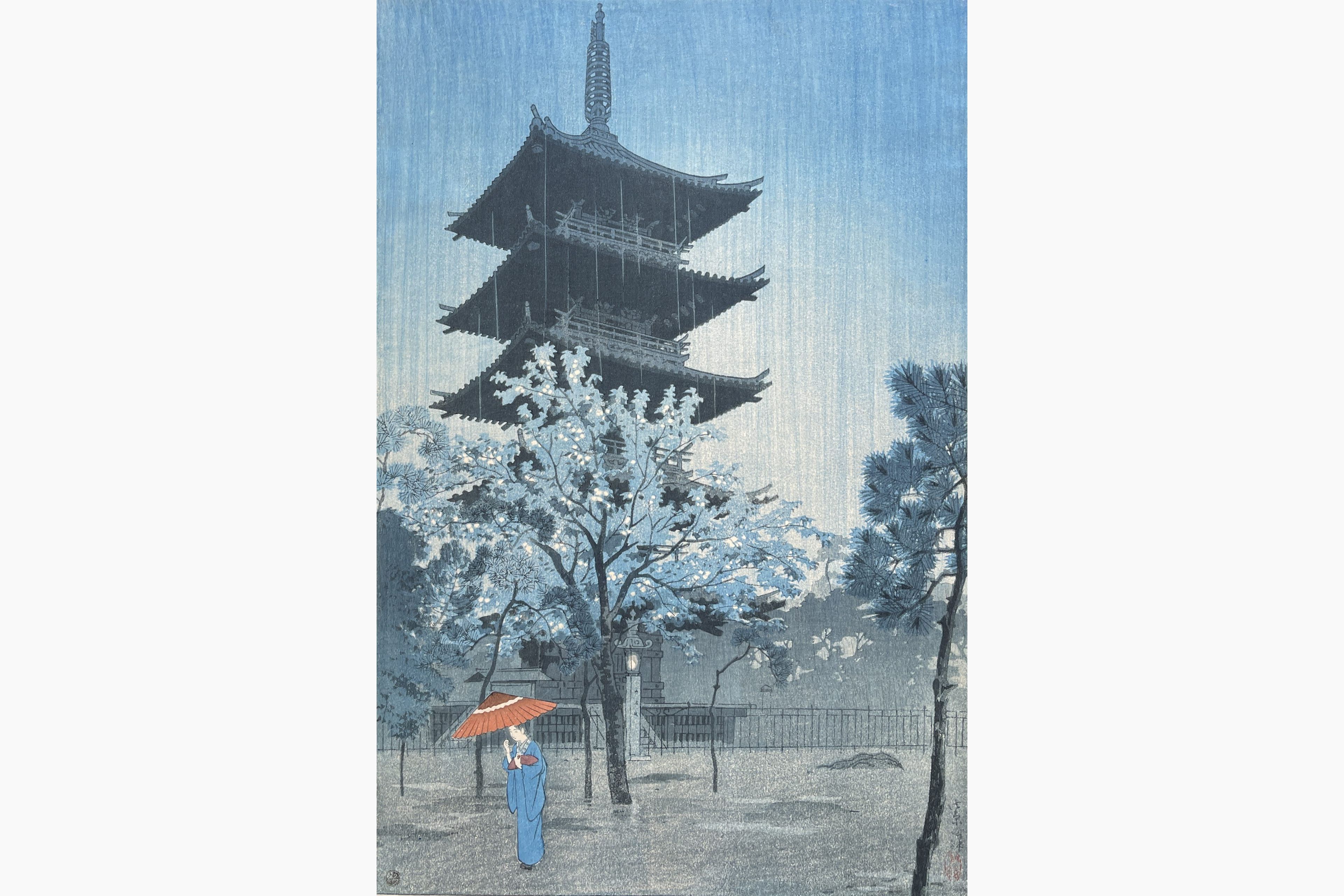Original woodblock print - Kasamatsu Shiro - Pagoda in Evening Rain
