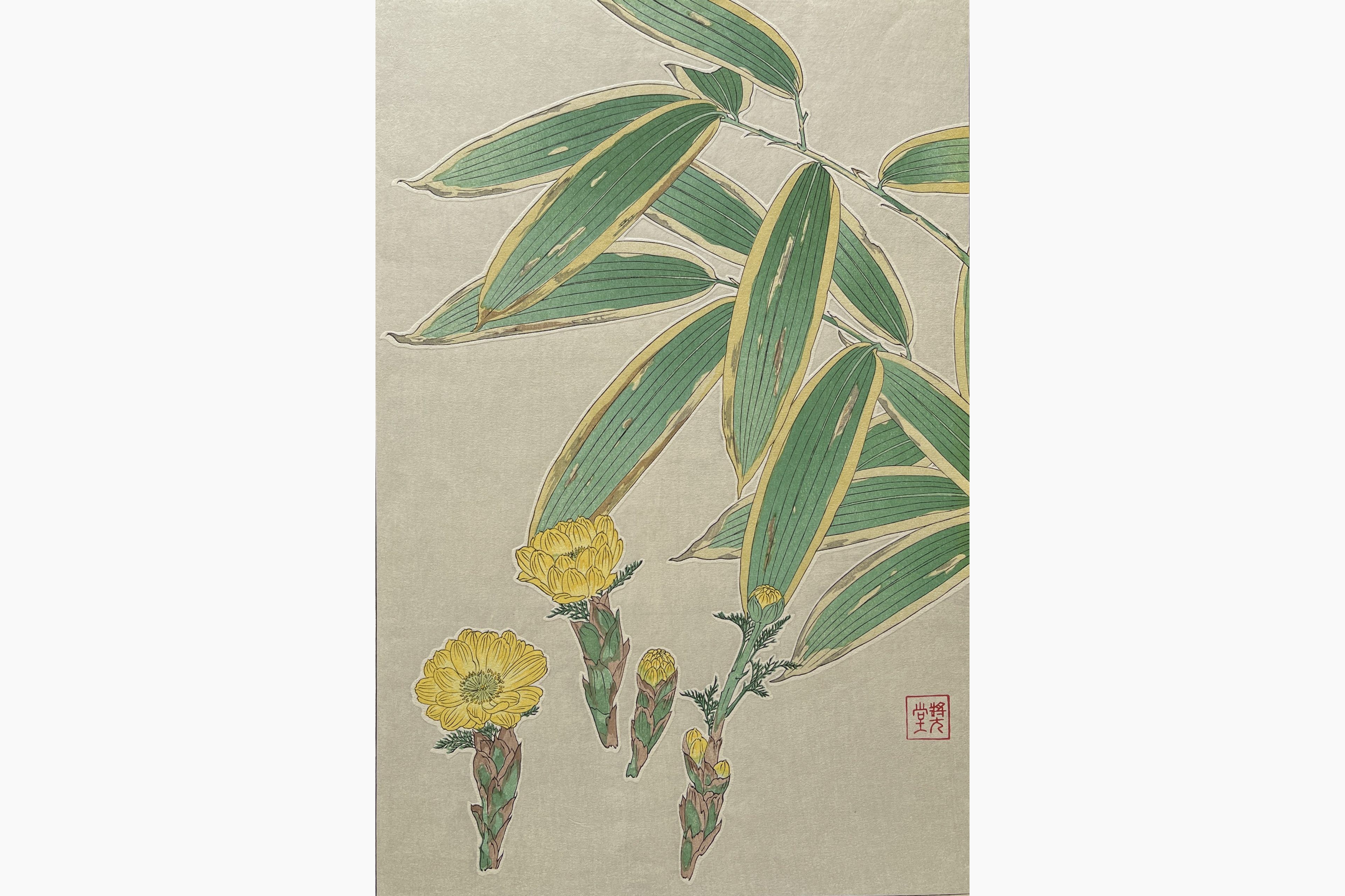 Original woodblock print - Kawarazaki Shodo - Adonis and Bamboo