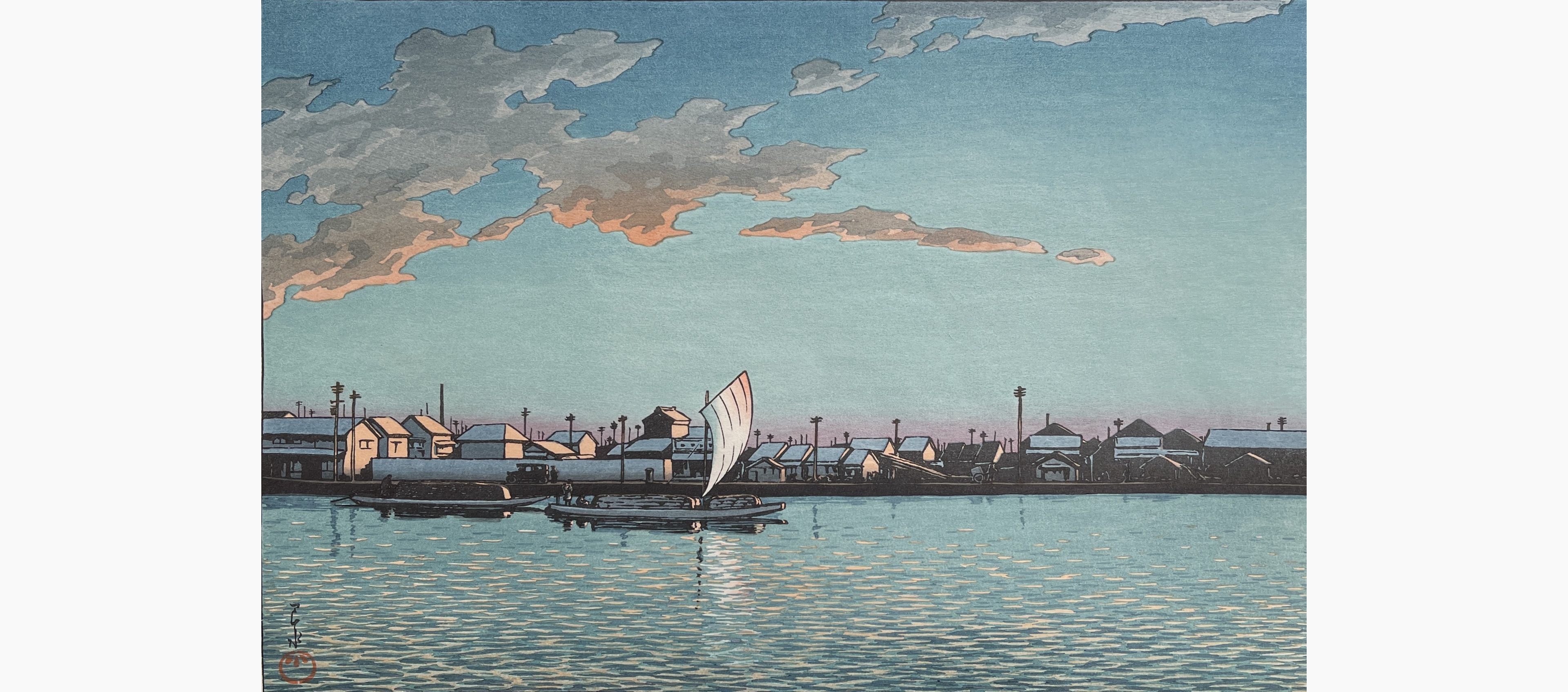 Original woodblock print - Kawase Hasui - Hama-cho Riverbank