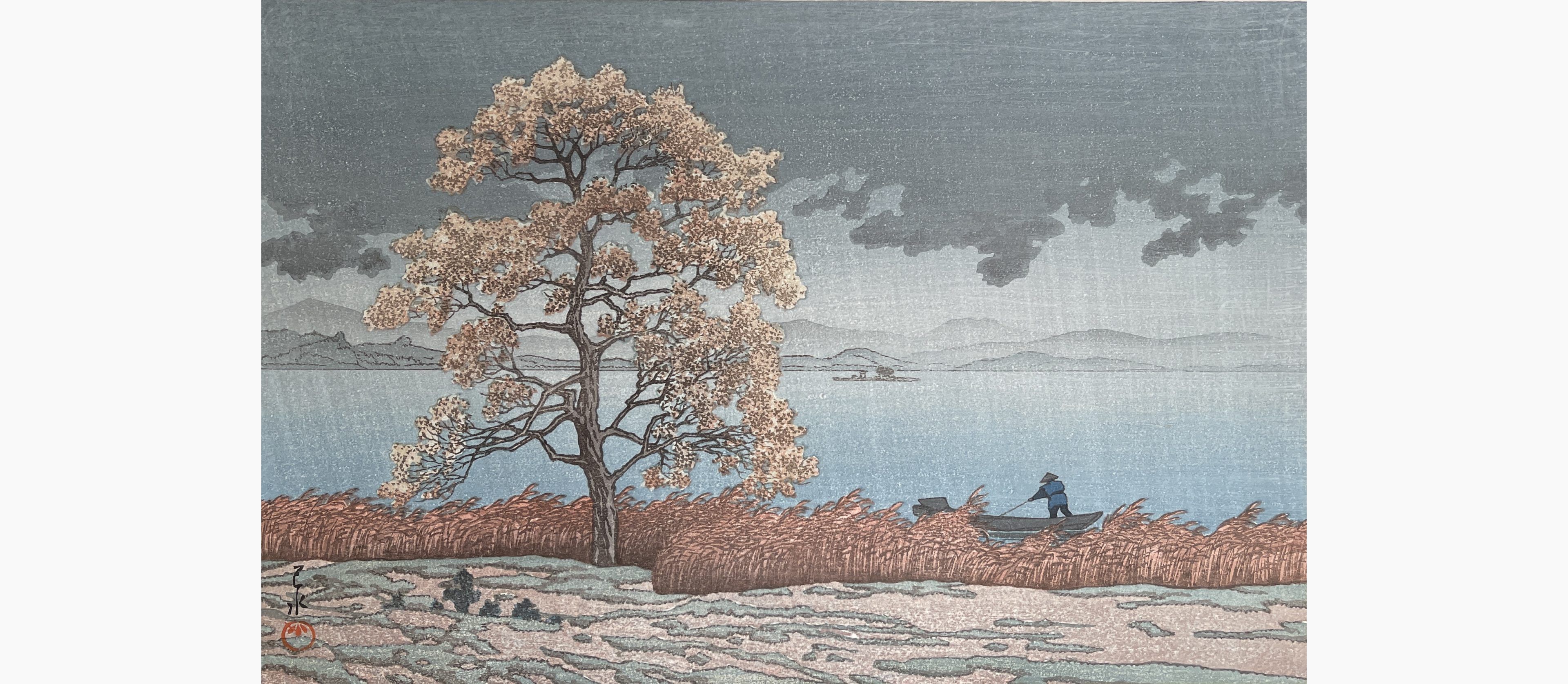 Original woodblock print - Kawase Hasui - Lakeside Shower at Matsue