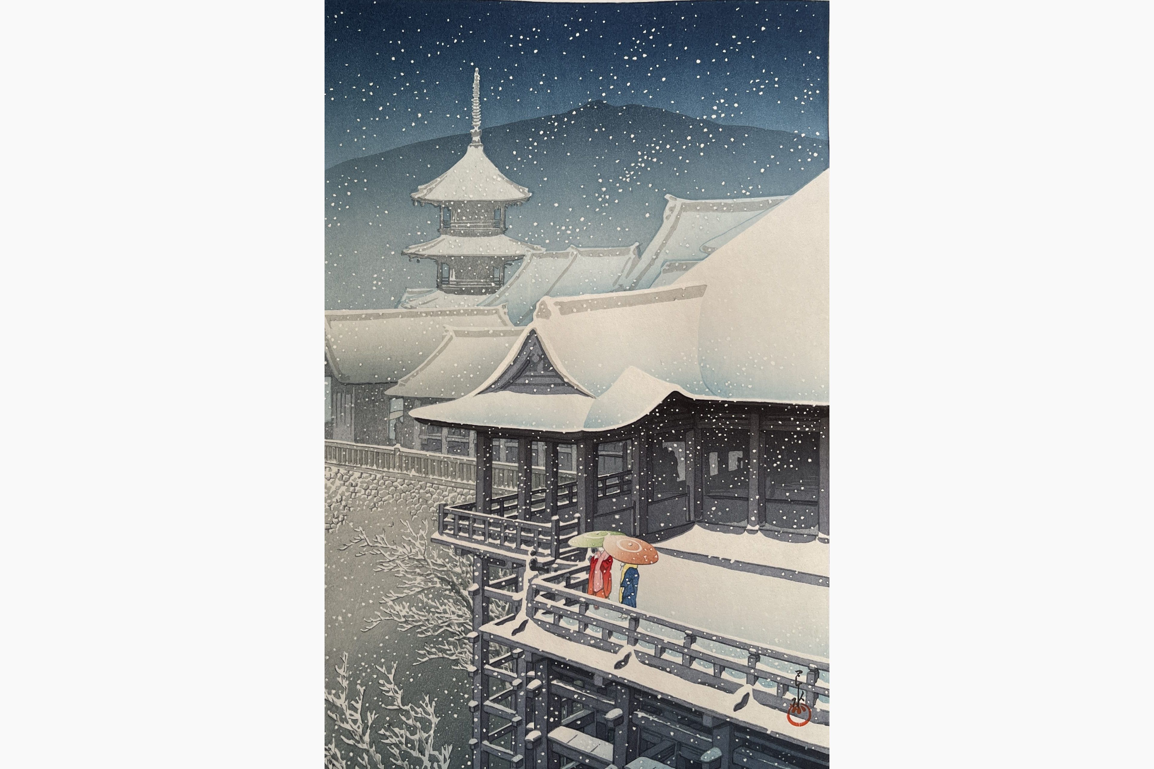 Original woodblock print - Kawase Hasui - Spring Snow at Kiyomizu Temple in Kyoto