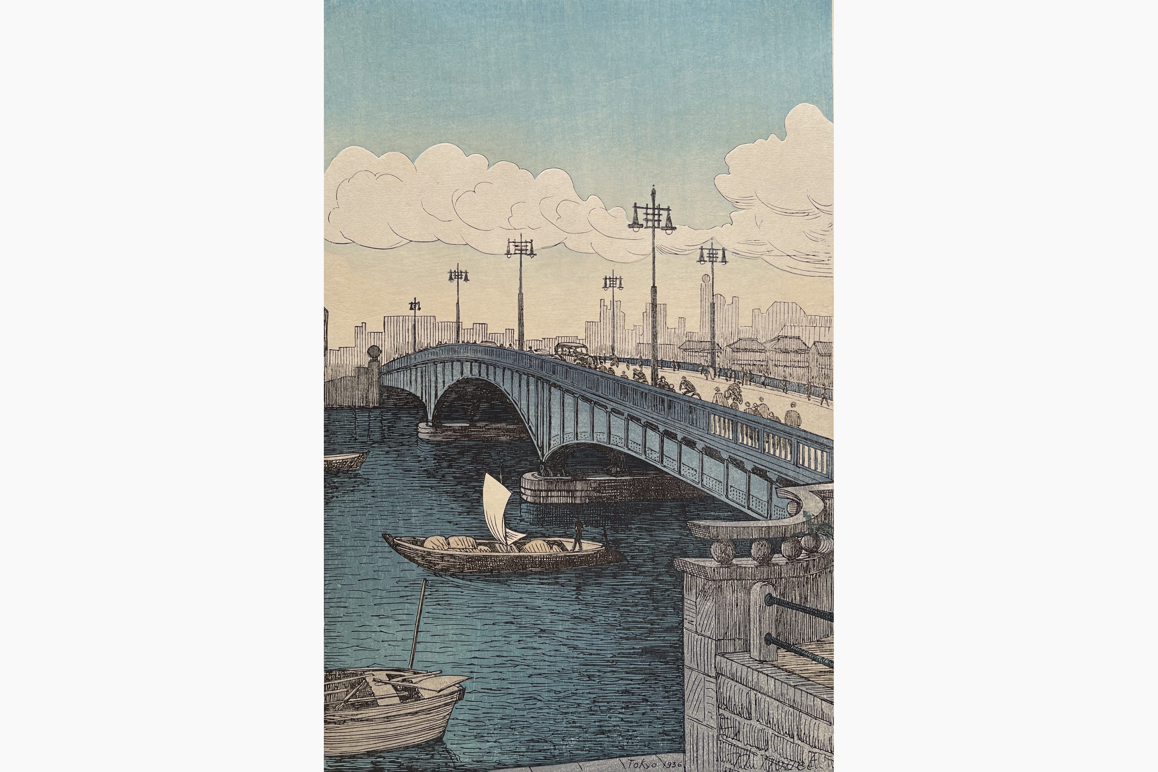 Original woodblock print - Noel Nouet - Ryogoku Bridge