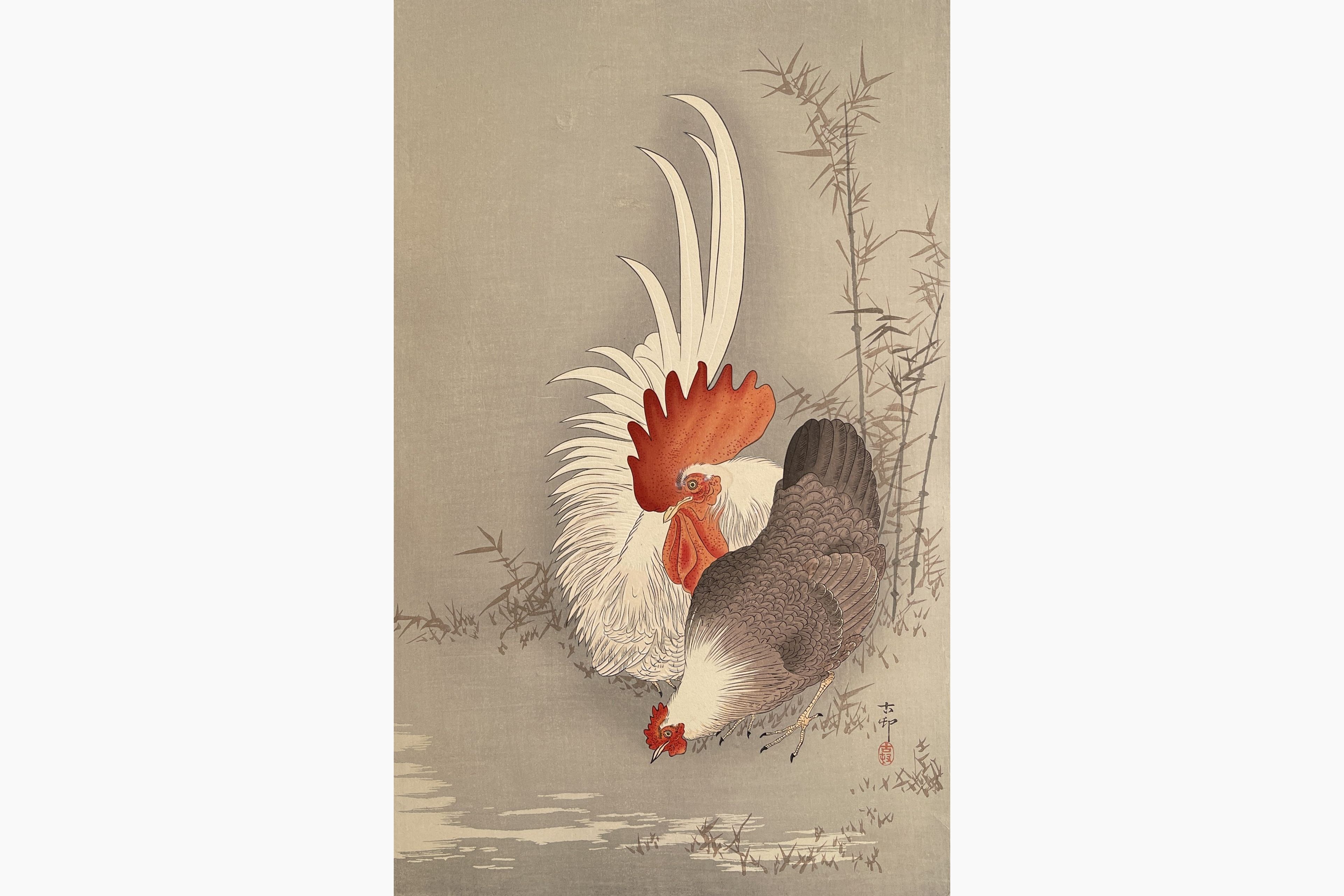 Original woodblock print - Ohara Koson - Rooster and Hen