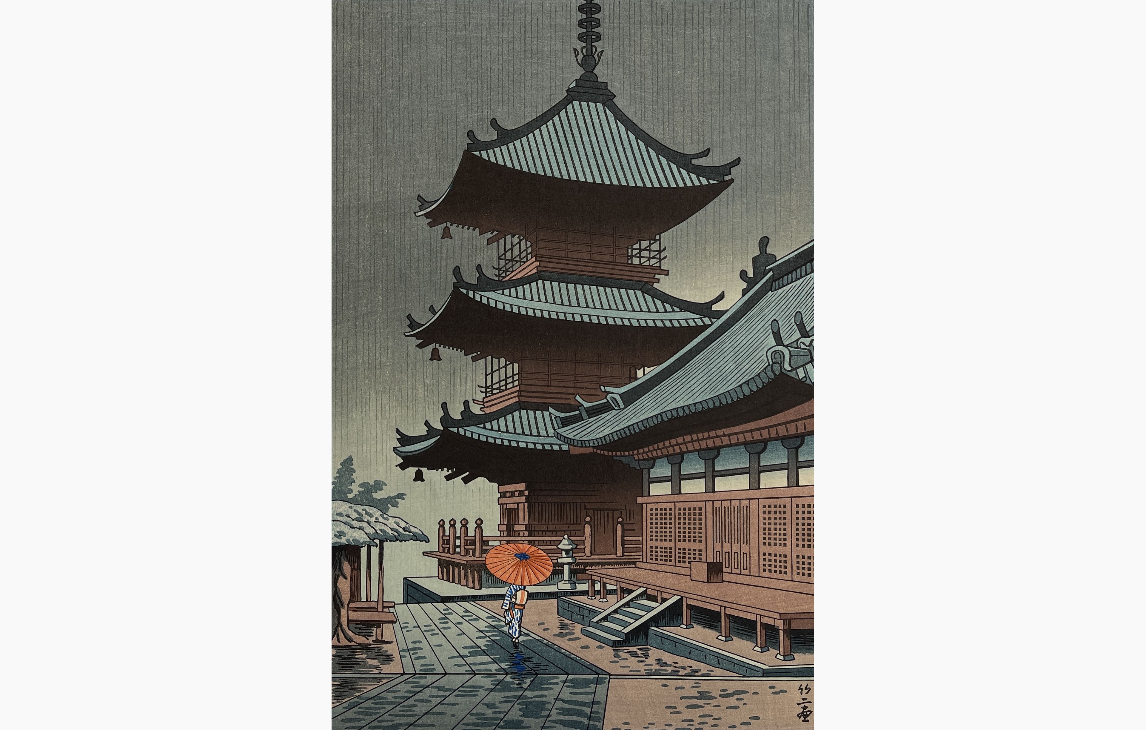 Original woodblock print - Takeji Asano - Rain in Kiyomizu Temple