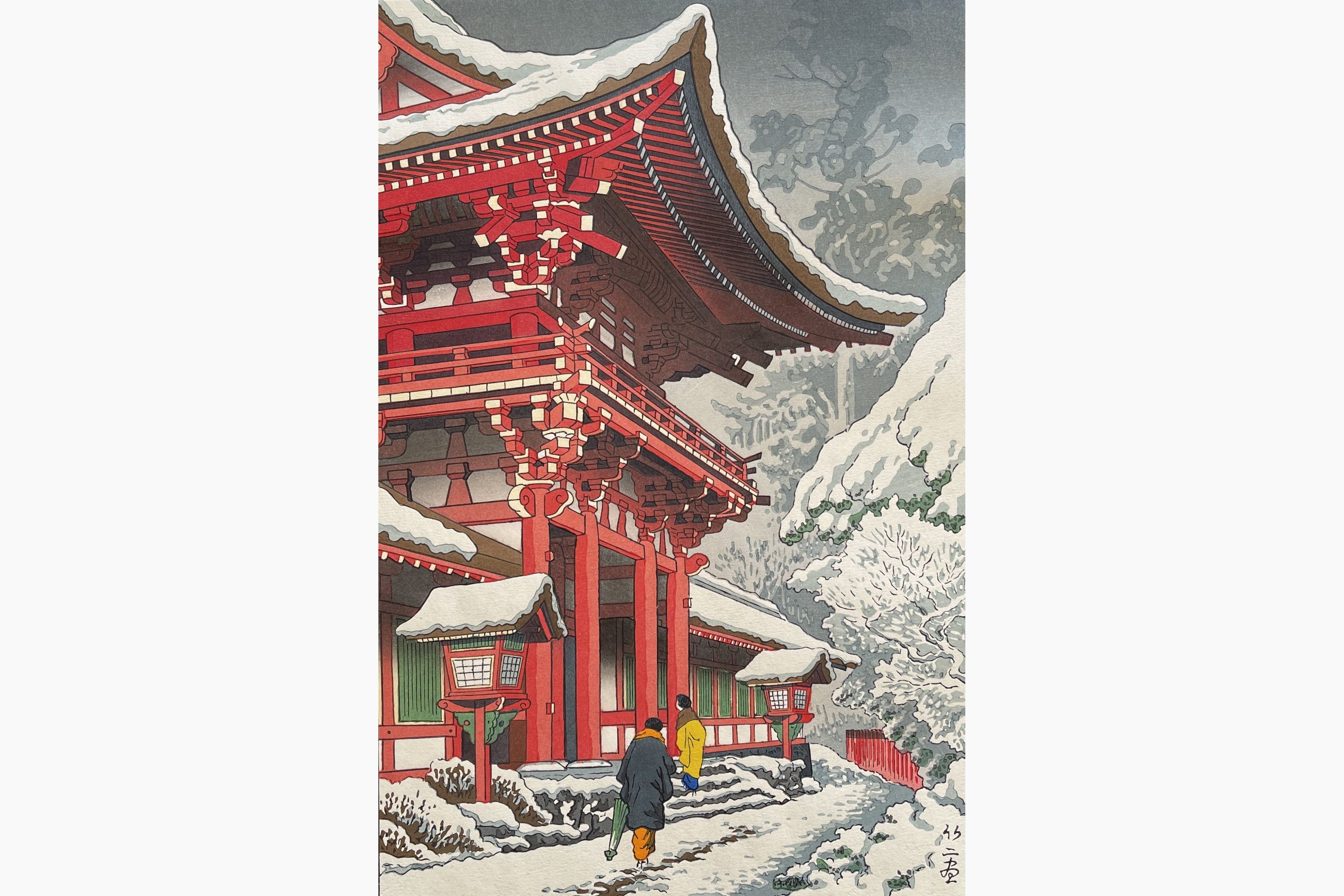 Original woodblock print - Takeji Asano - Snow in Kamigamo Shrine, Kyoto