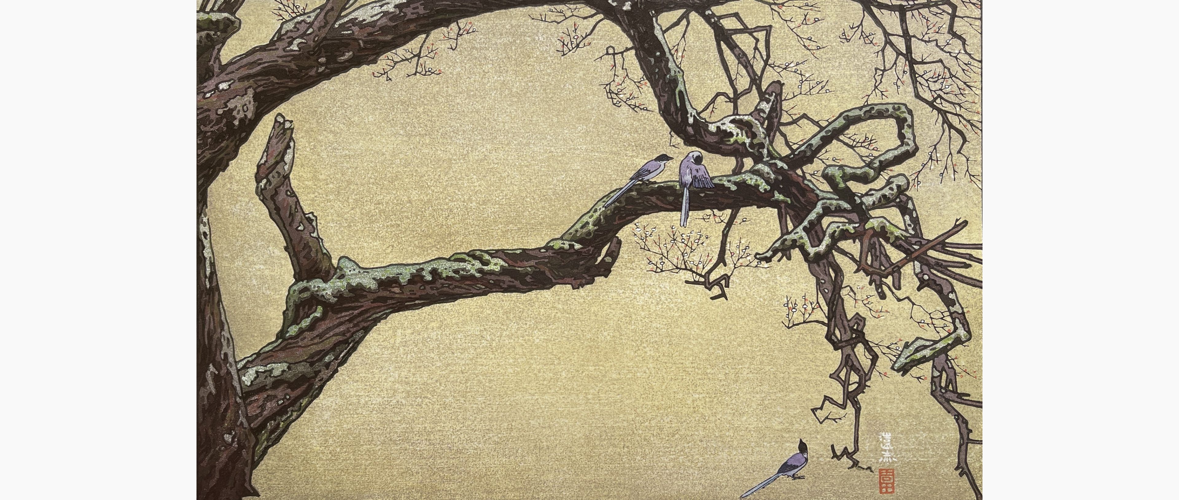 Original woodblock print - Toshi Yoshida - Plum Tree & Blue Magpie