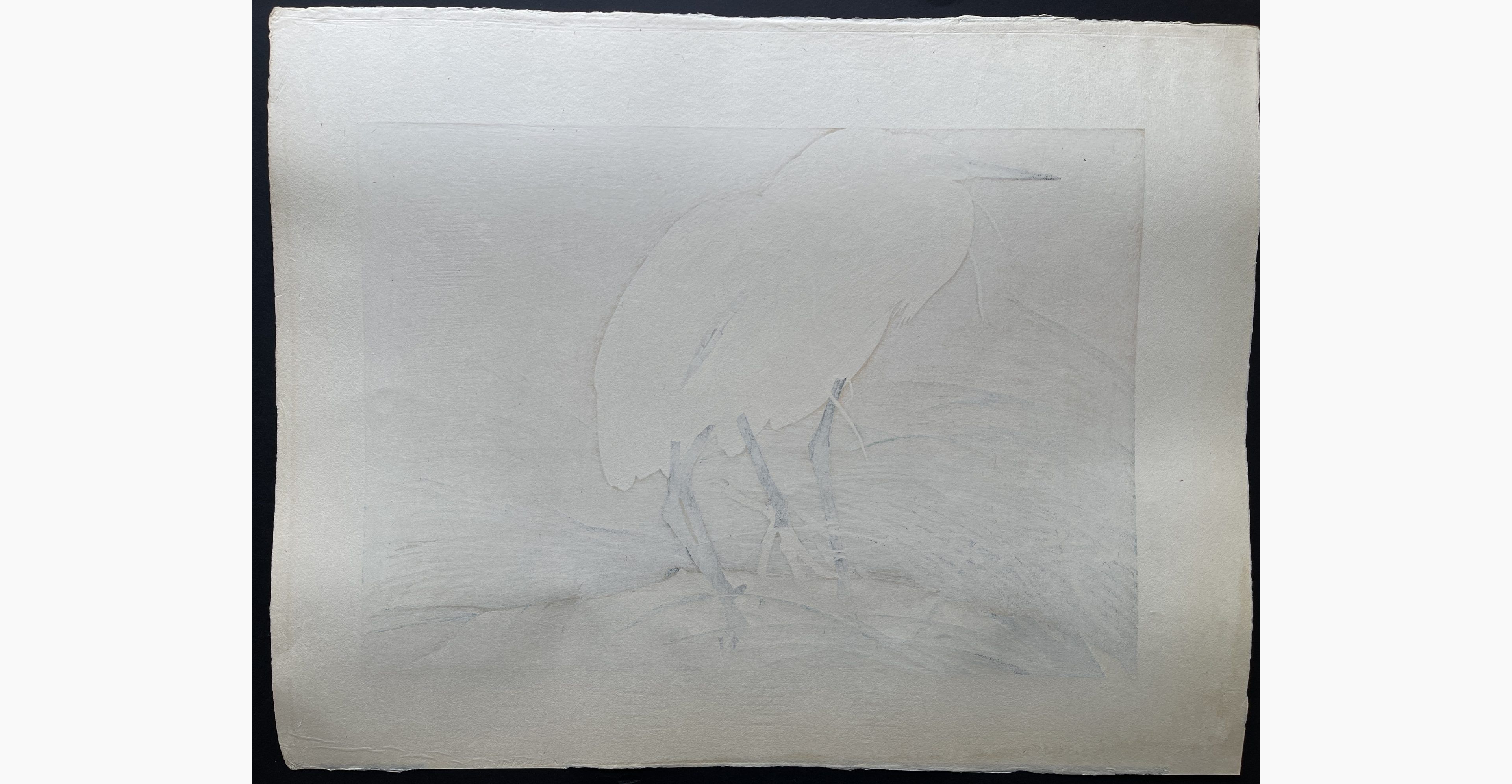 Japanese print - Rakusan Tsuchiya - Sweet Flag Flowers and Straw-raincloaked Little Egrets (Winter Division)