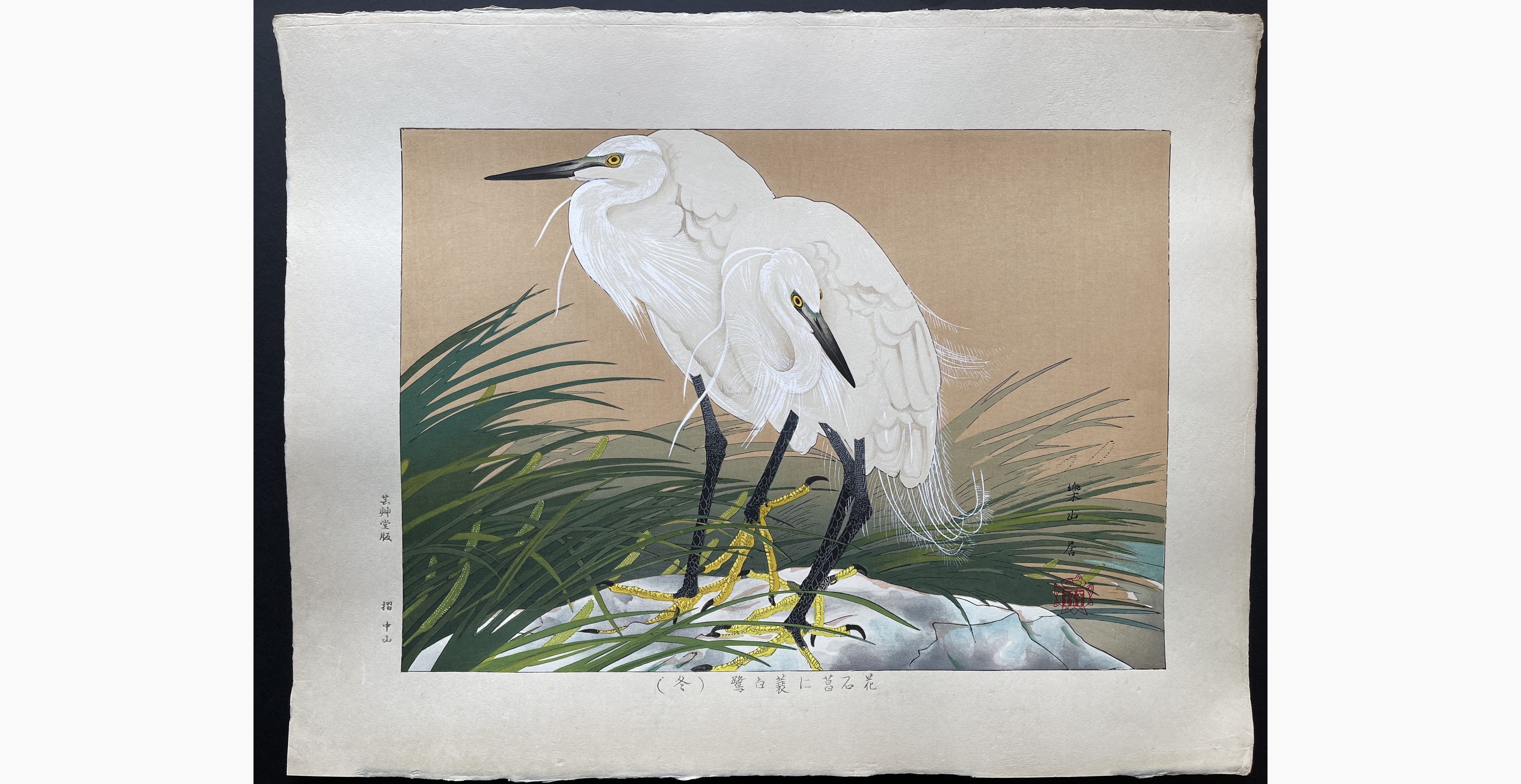 Japanese woodblock print - Rakusan Tsuchiya - Sweet Flag Flowers and Straw-raincloaked Little Egrets (Winter Division)