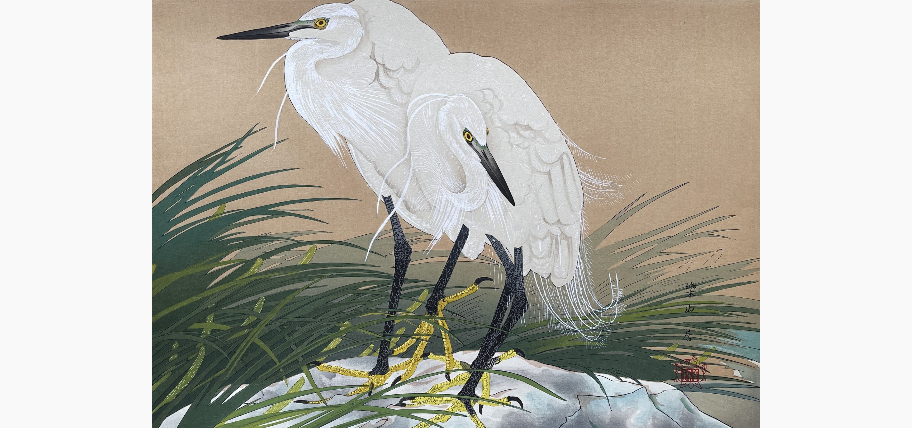 Original woodblock print - Rakusan Tsuchiya - Sweet Flag Flowers and Straw-raincloaked Little Egrets (Winter Division)
