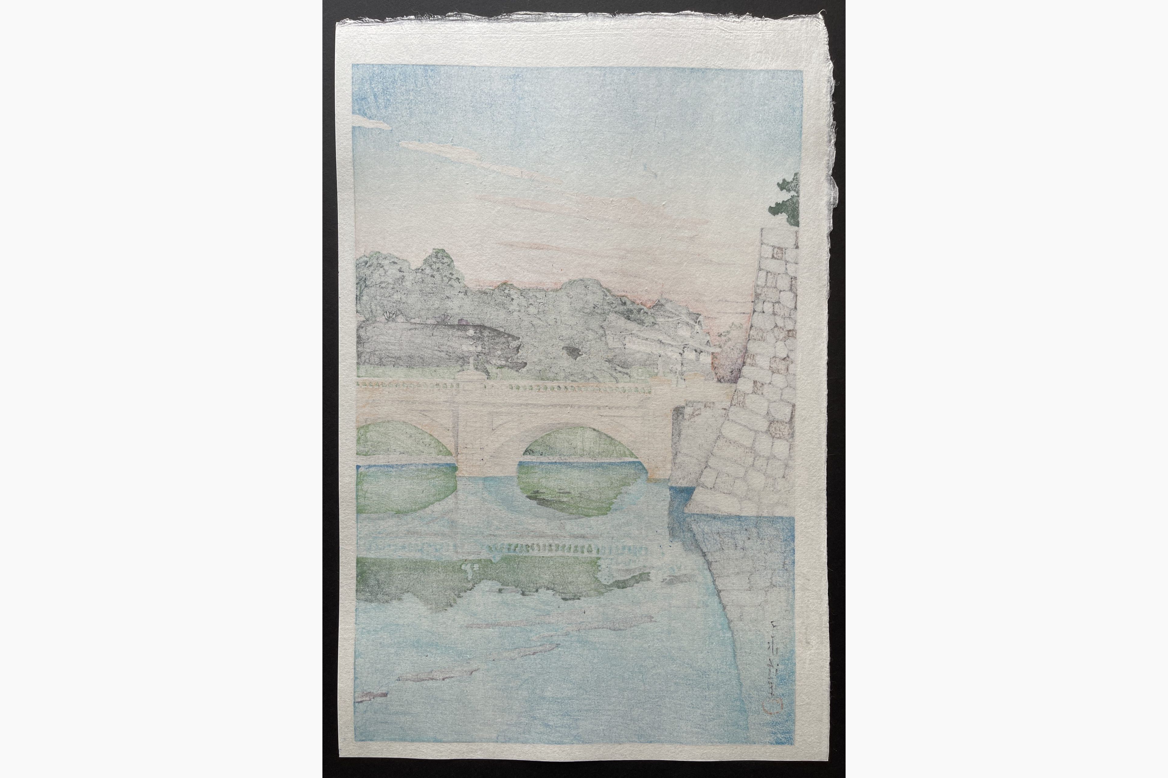 Japanese print - Kawase Hasui - Morning at Niju Bridge