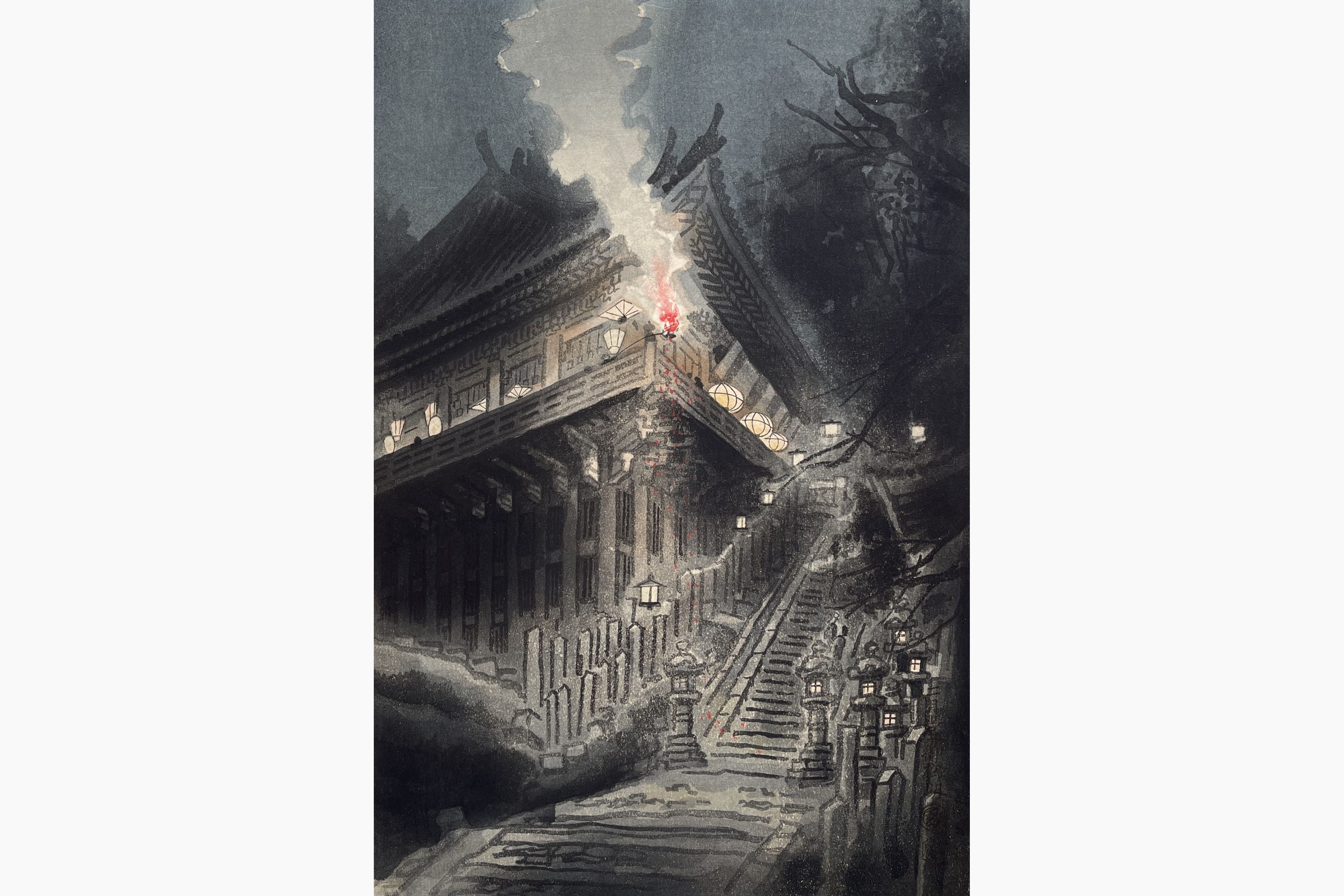 Original woodblock print - Eiichi Kotozuka - Large torch at Nigatsu-do Temple