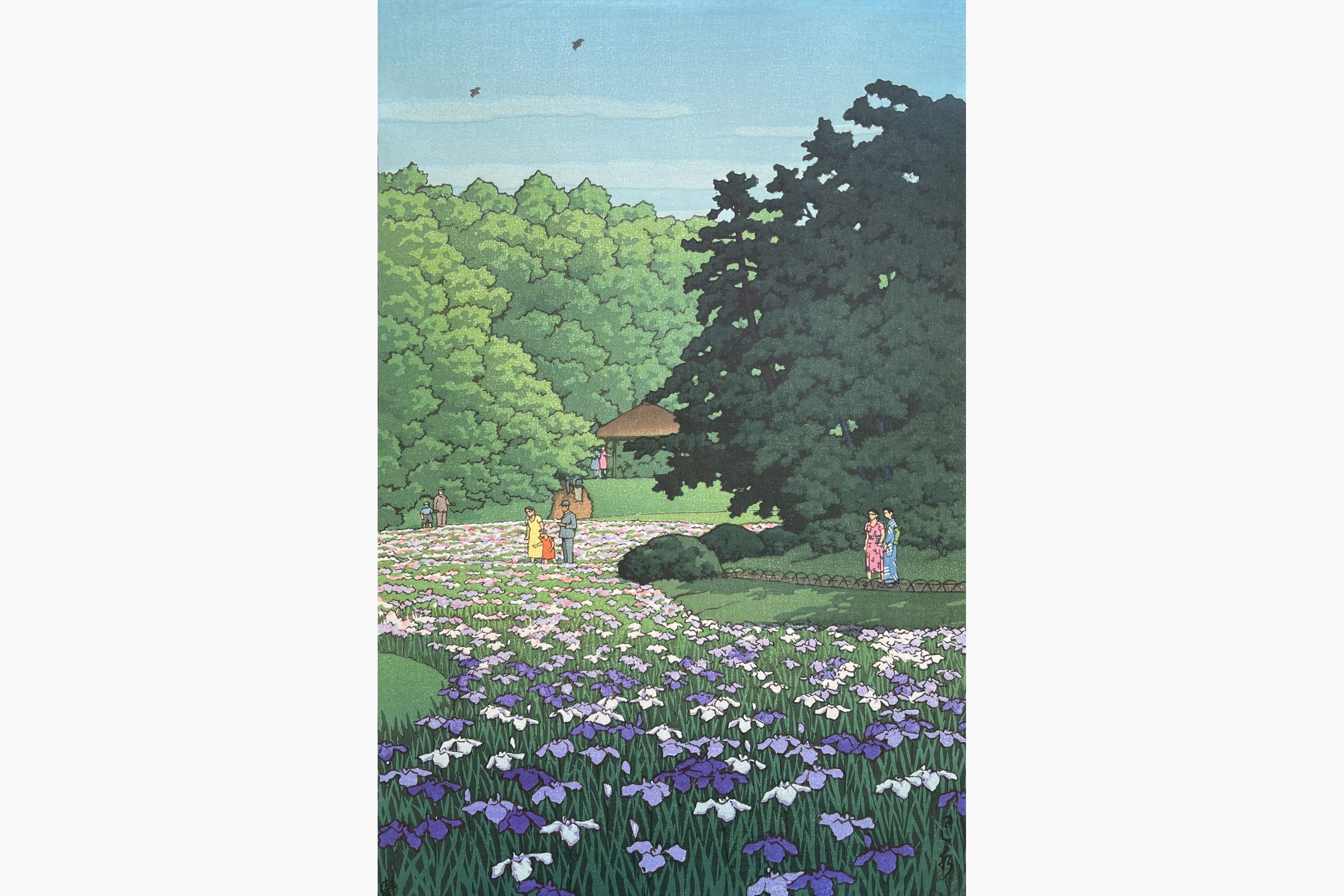 Original woodblock print - Kawase Hasui - Iris Garden, Meiji Shrine