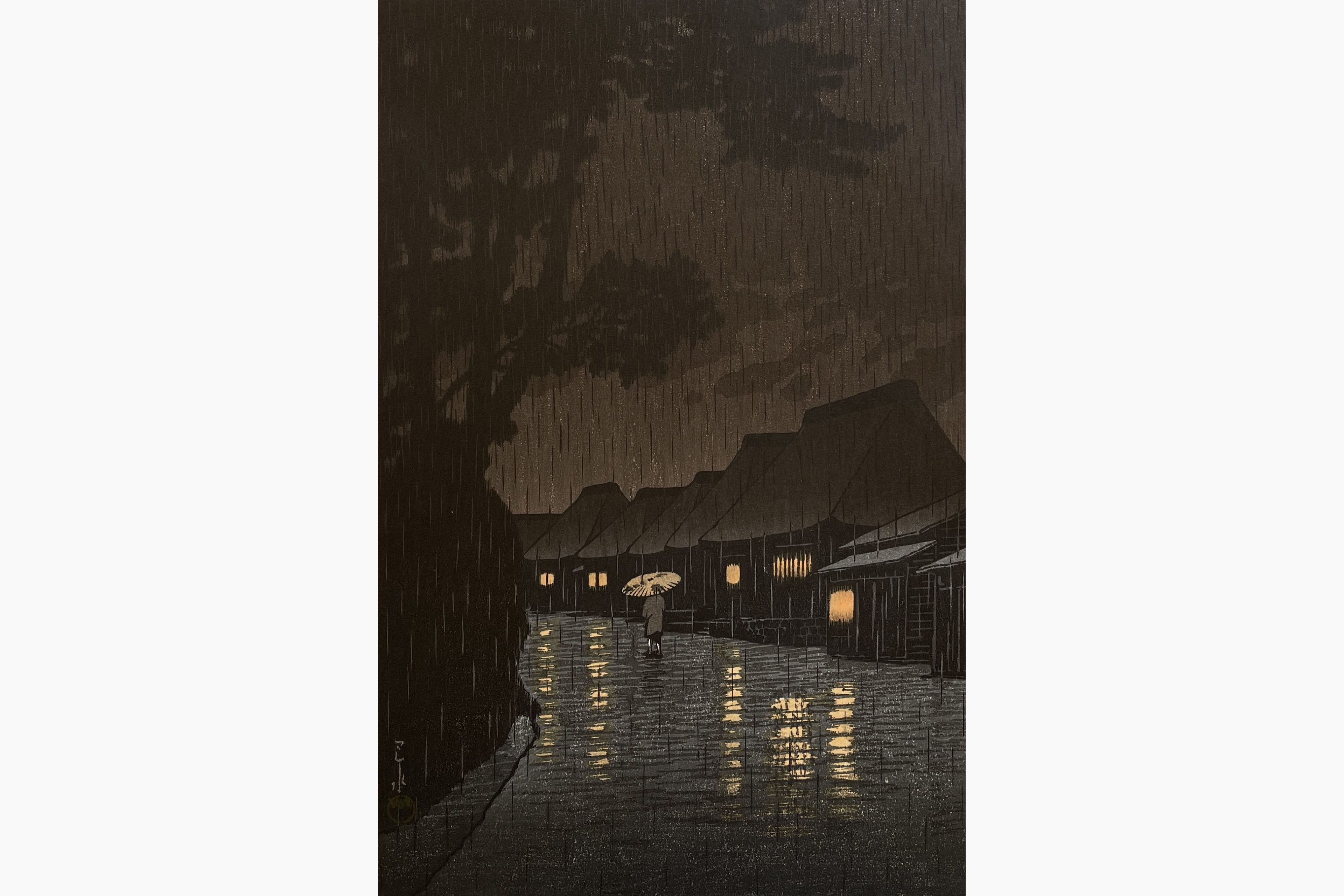 Original woodblock print - Kawase Hasui - Rain in Maekawa, Soshu