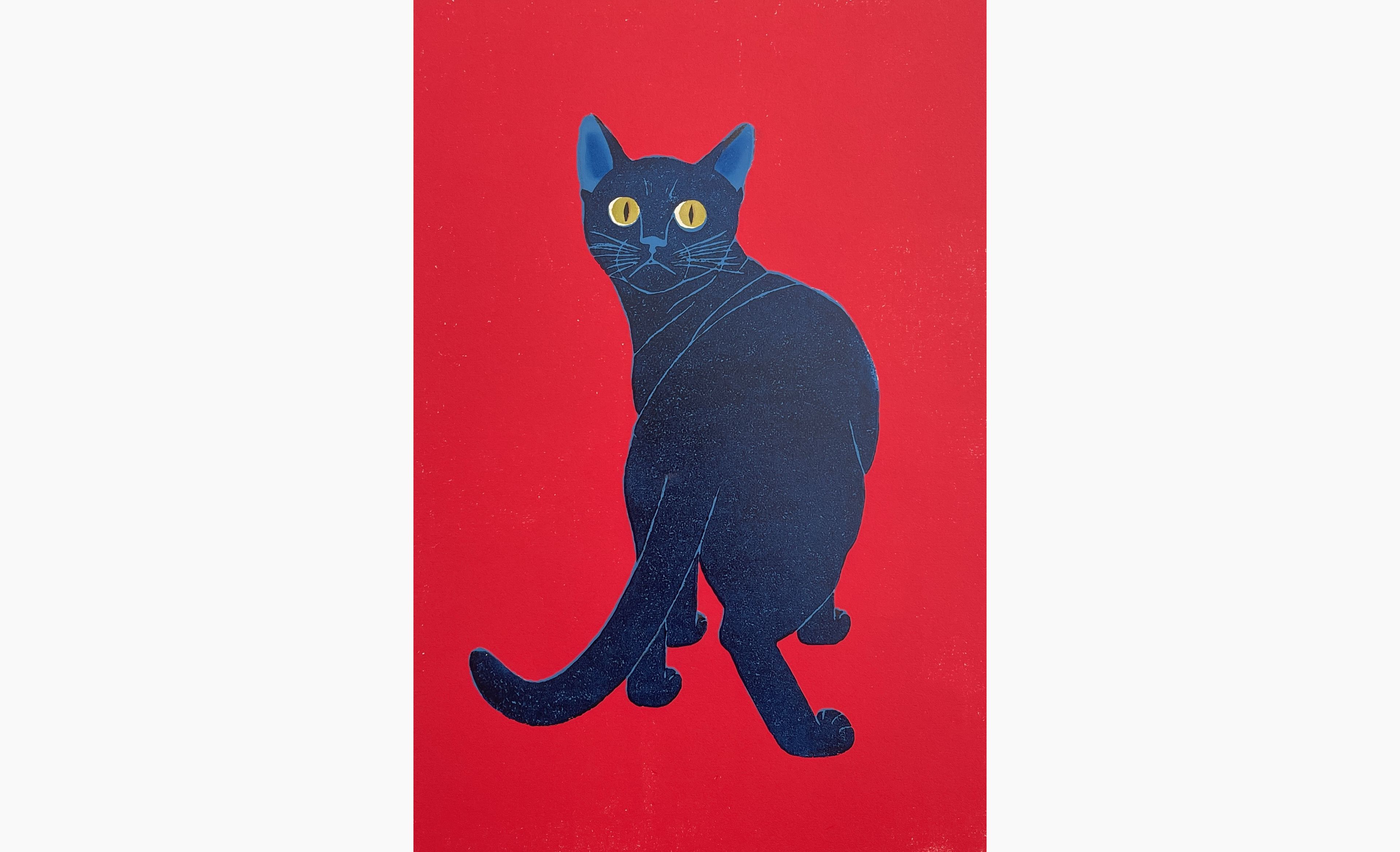 Original woodblock print - Nishida Tadashige - Looking Back - Blue Cat