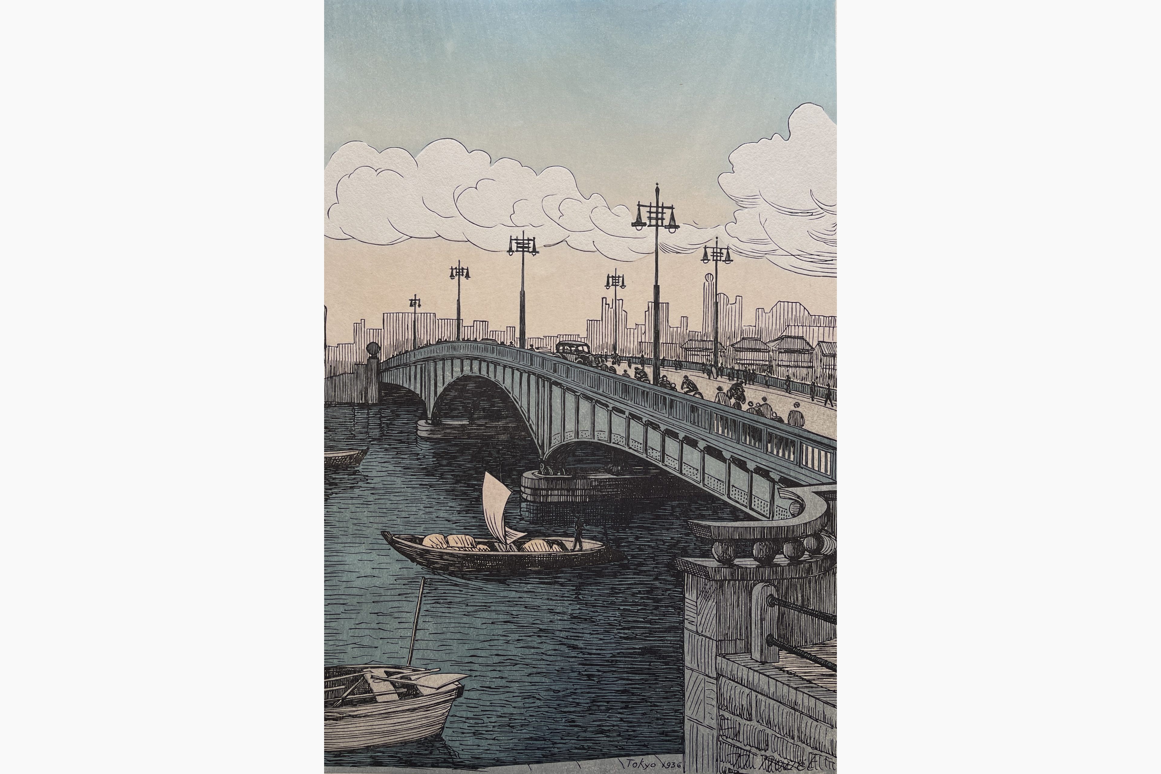 Original woodblock print - Noel Nouet - Ryogoku Bridge