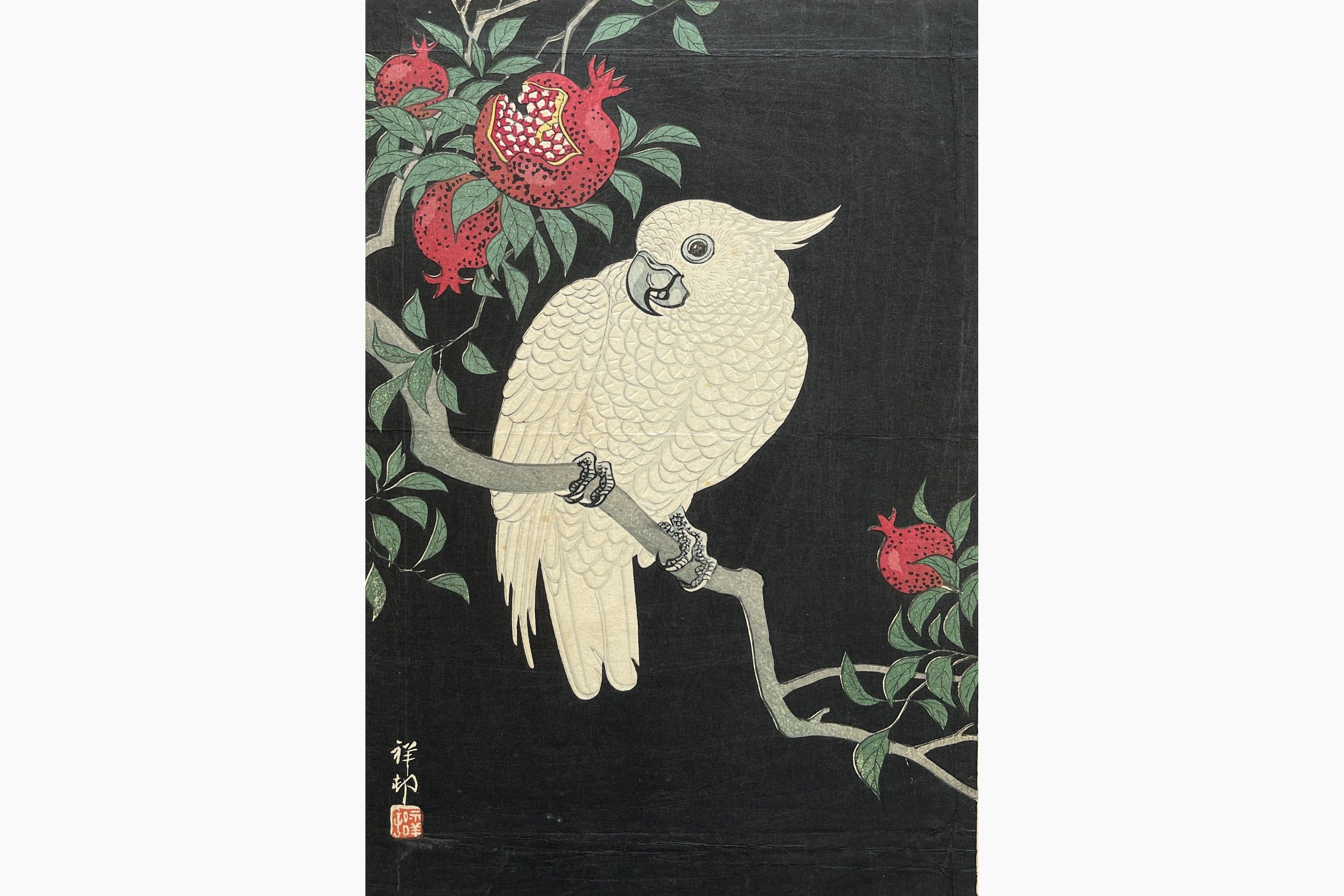 Original woodblock print - Ohara Koson - Cockatoo and Pomegranate