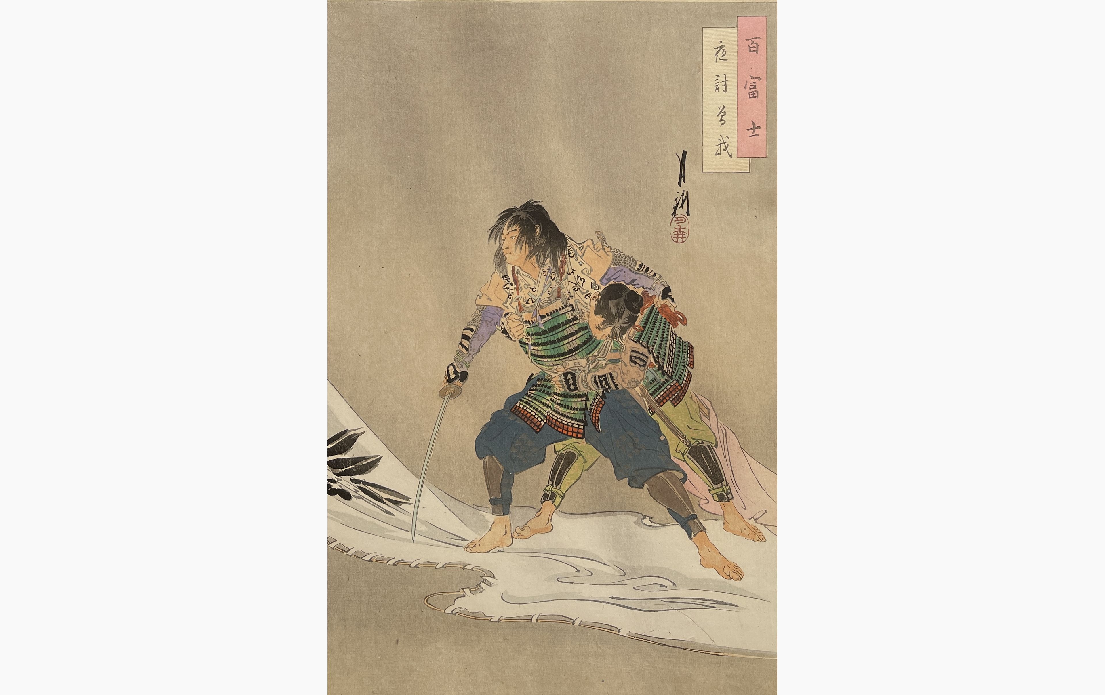 Original woodblock print - Gekko Ogata - Night Attack of the Soga (Brothers)