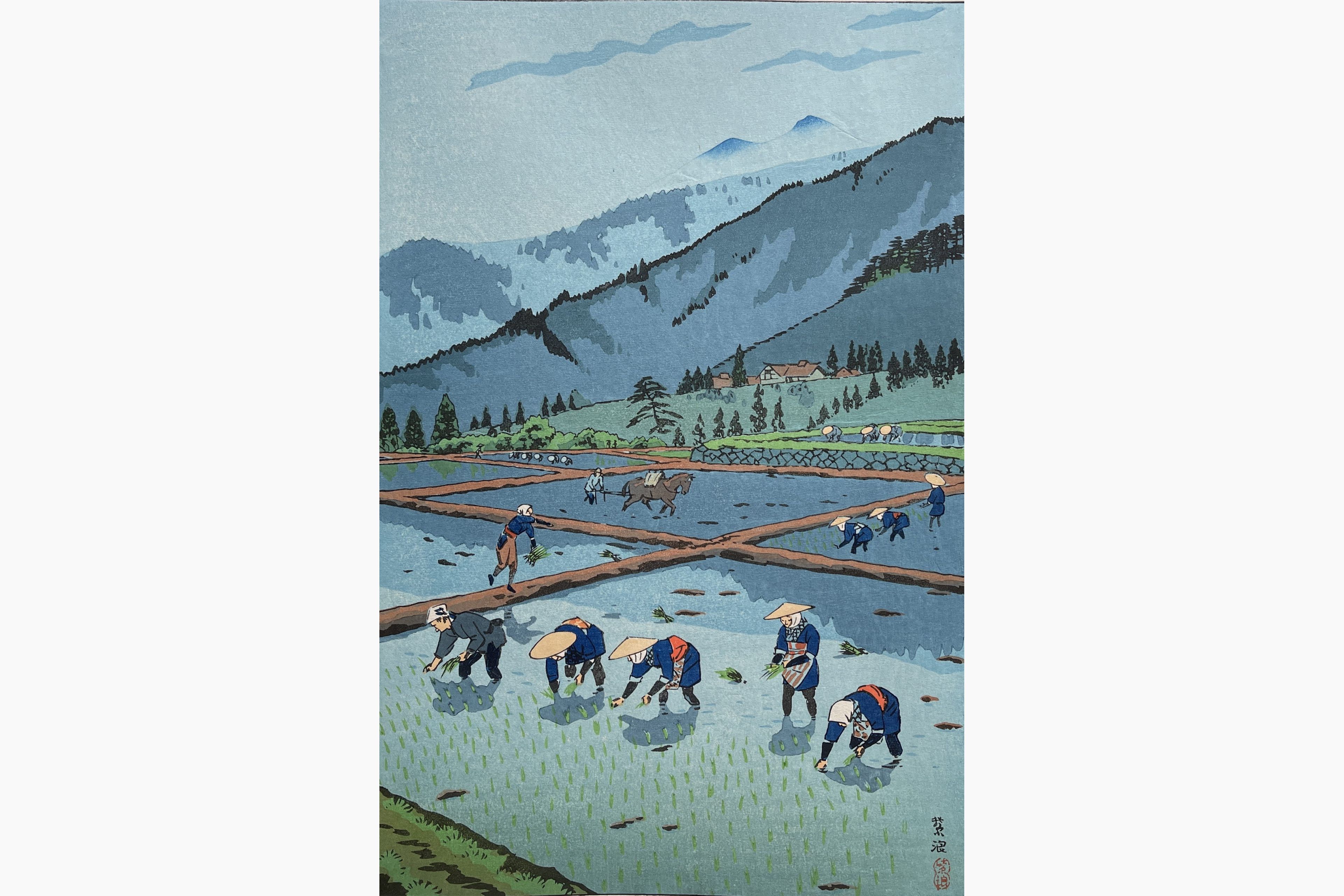 Original woodblock print - Kasamatsu Shiro - Rice planting