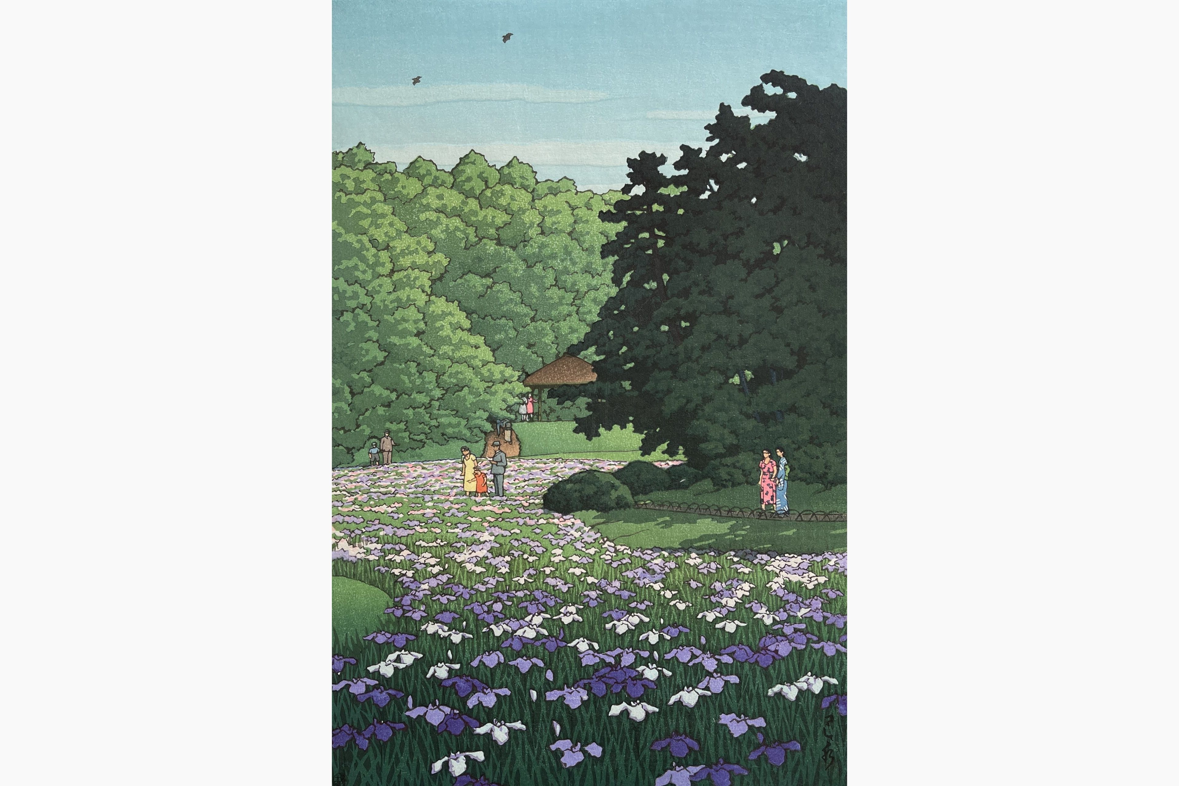 Original woodblock print - Kawase Hasui - Iris Garden, Meiji Shrine
