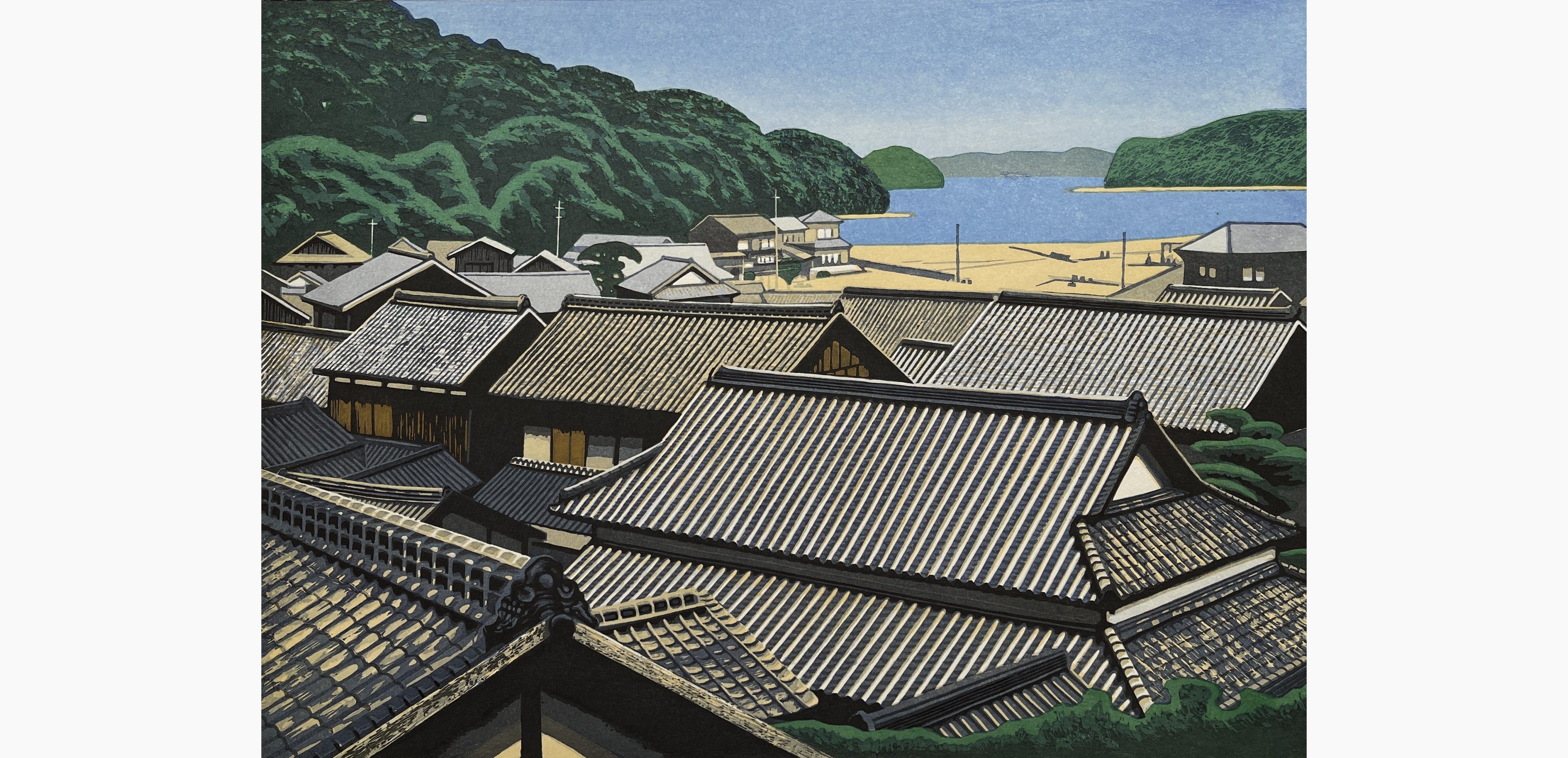 Original woodblock print - Koichi Maeda - Houses on an Island in the Seto Inland Sea