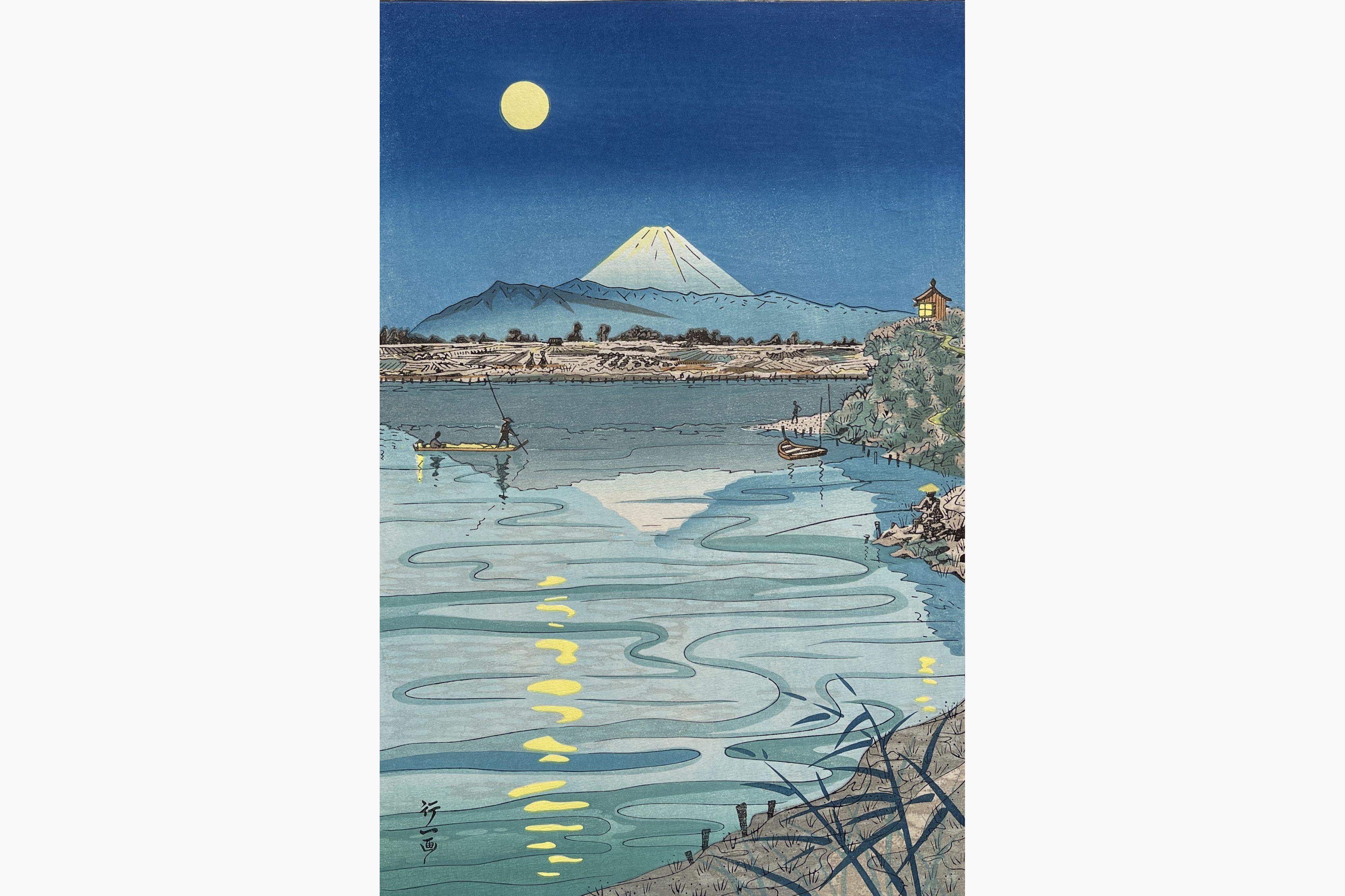 Original woodblock print - Koichi Okada - Moonlight on Tamagawa