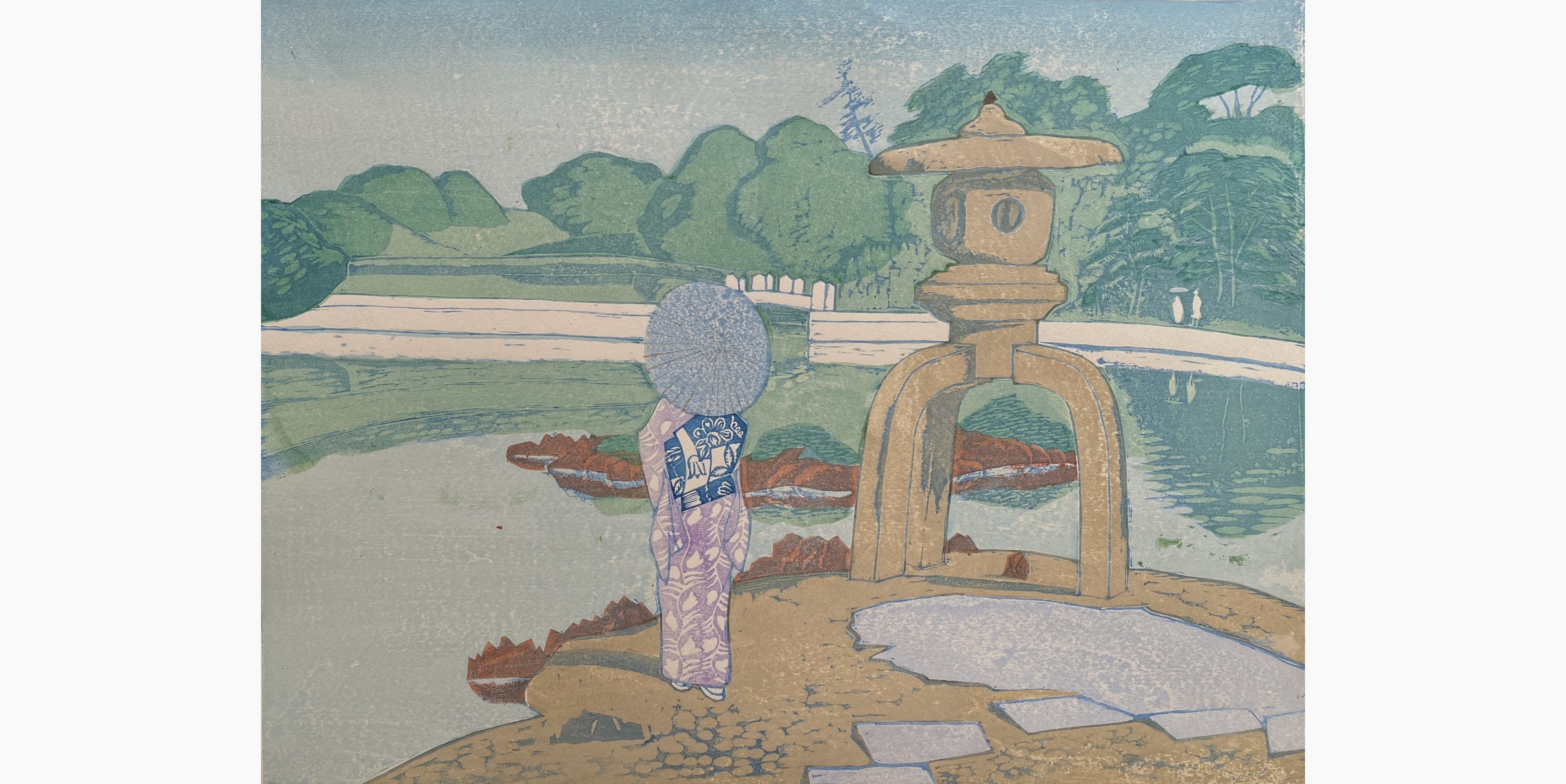 Original woodblock print - Koizumi Kishio - Hama Imperial Gift Park at Shiba