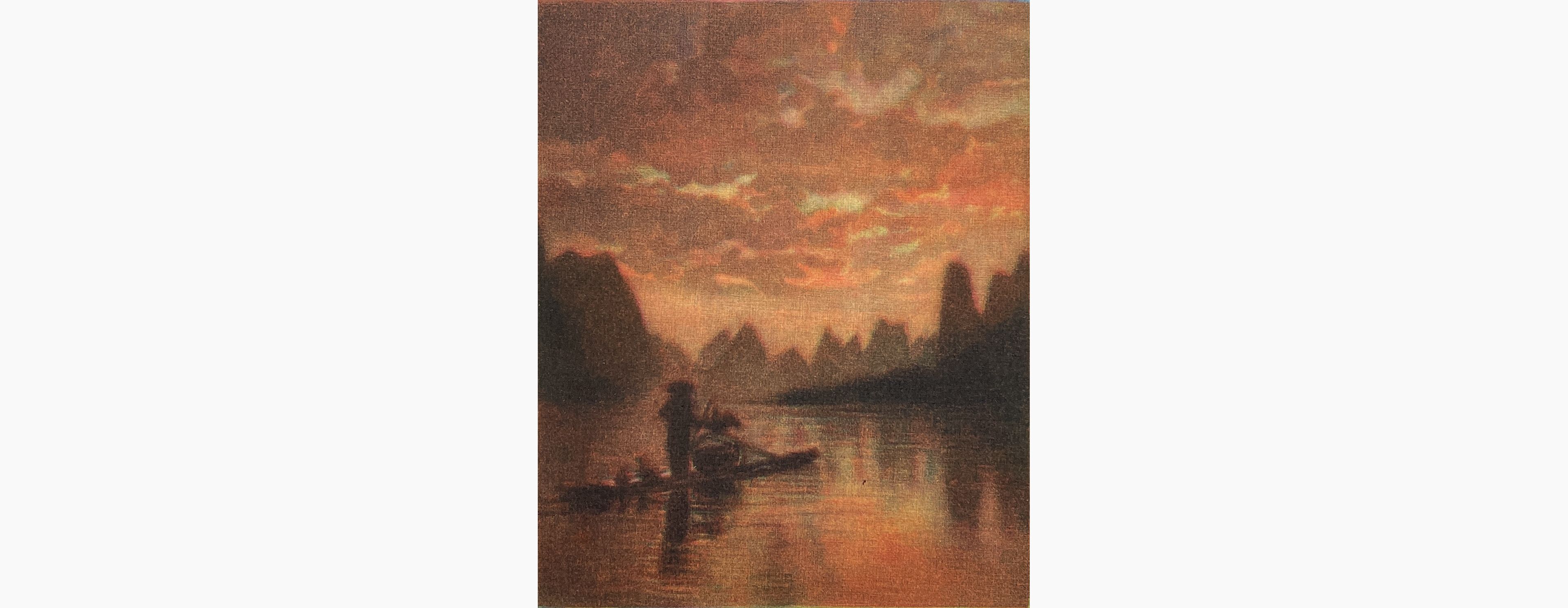 Original woodblock print - Man Zhuang - Fishing Fire