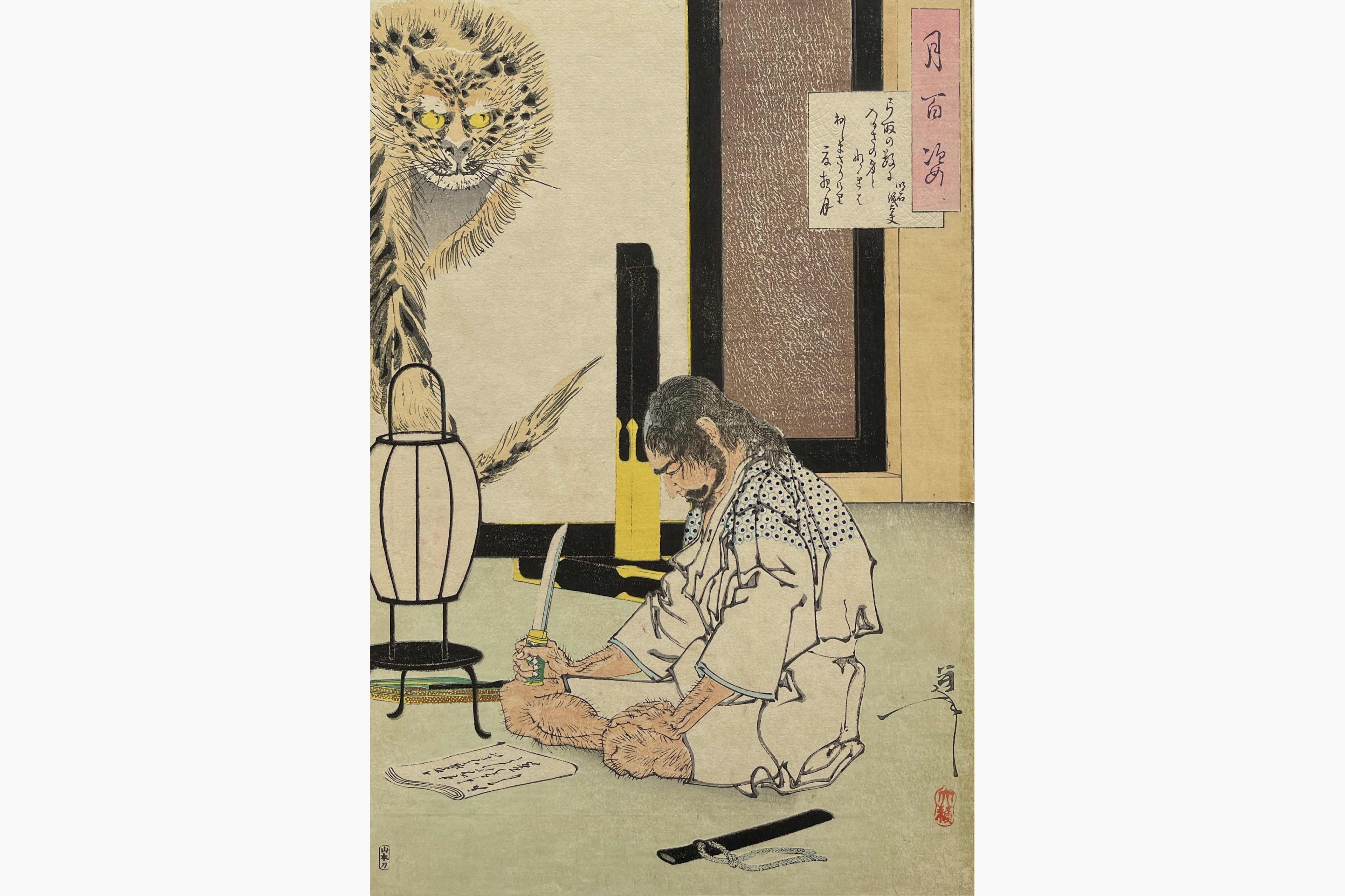 Original woodblock print - Yoshitoshi Tsukioka - Gidayu Writes his Death Poem