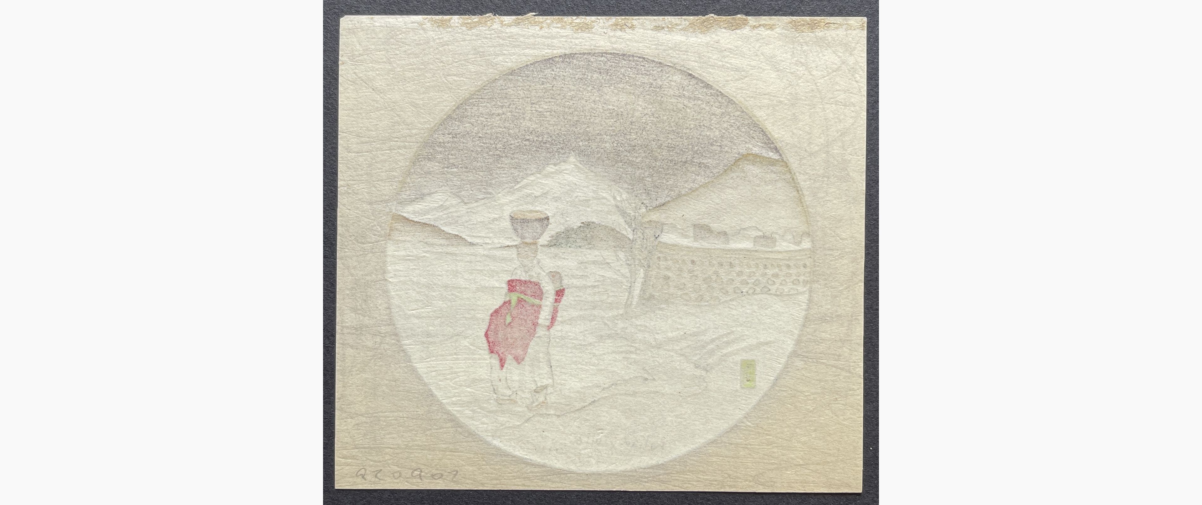 Japanese print - Lilian May Miller - Korean Woman Walking in Snow