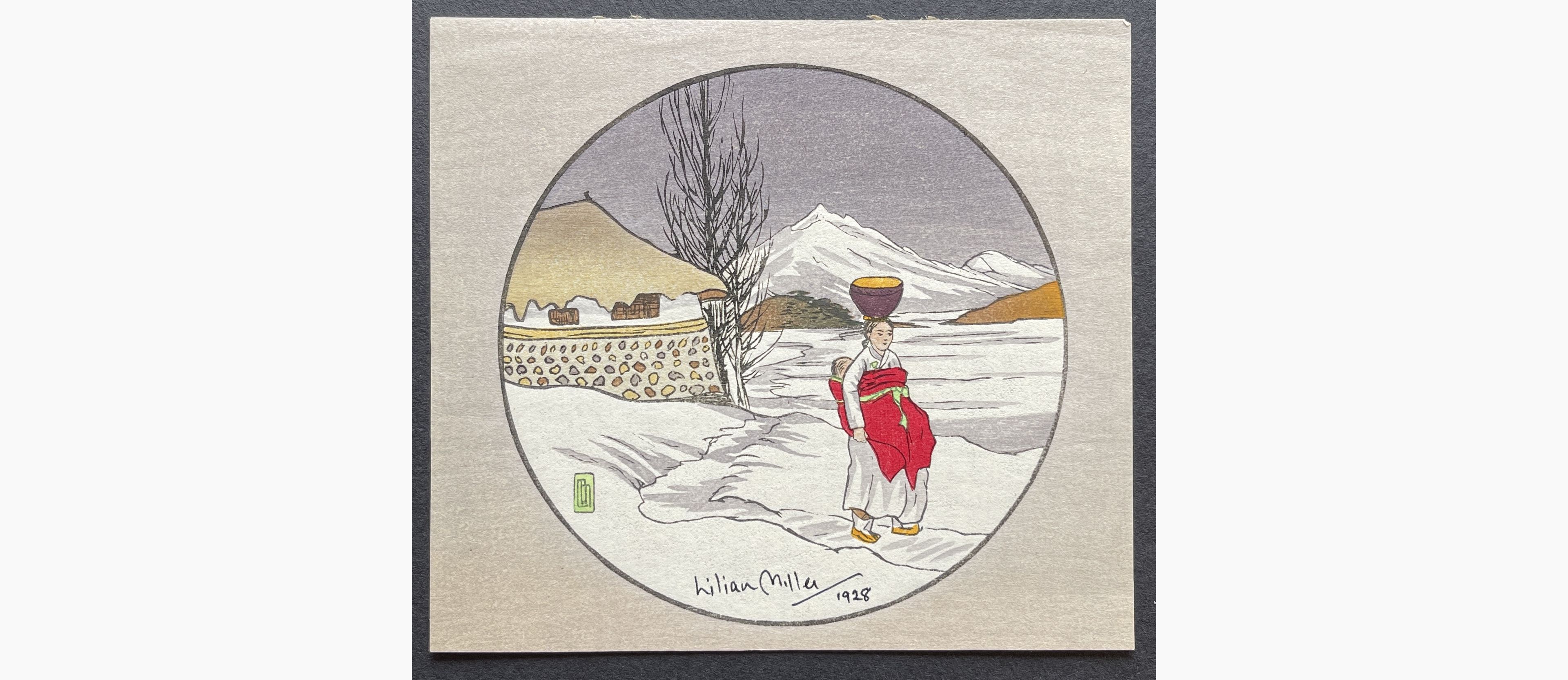 Japanese woodblock print - Lilian May Miller - Korean Woman Walking in Snow