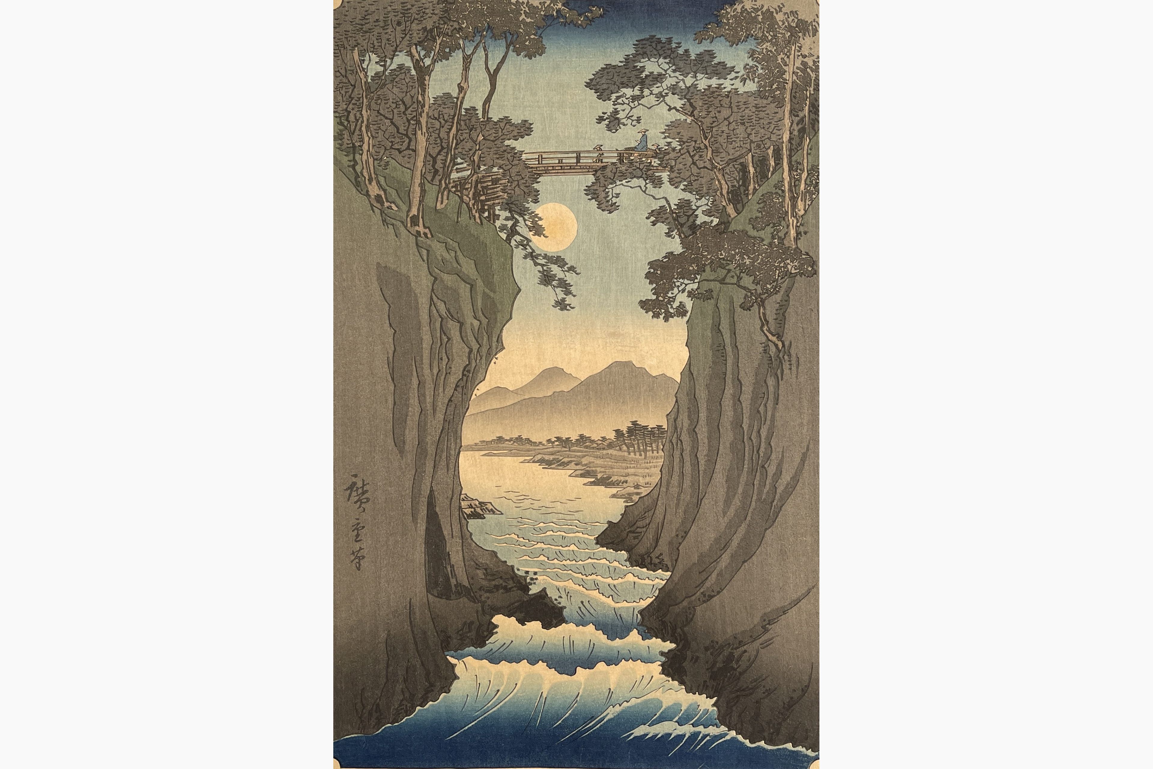 Original woodblock print - Hiroshige - The Monkey Bridge in Kai Province