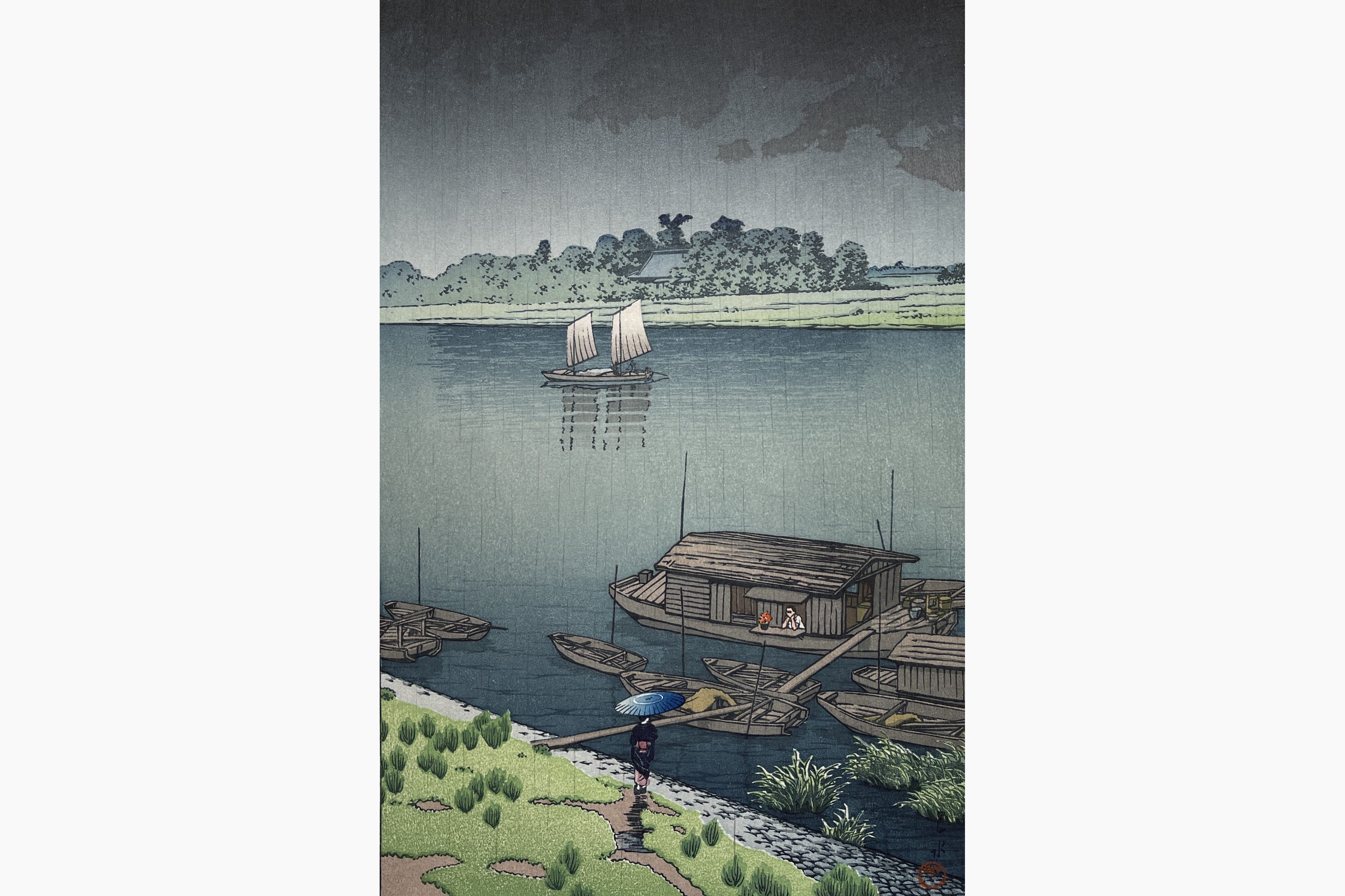 Original woodblock print - Kawase Hasui - Arakawa River in May Rain