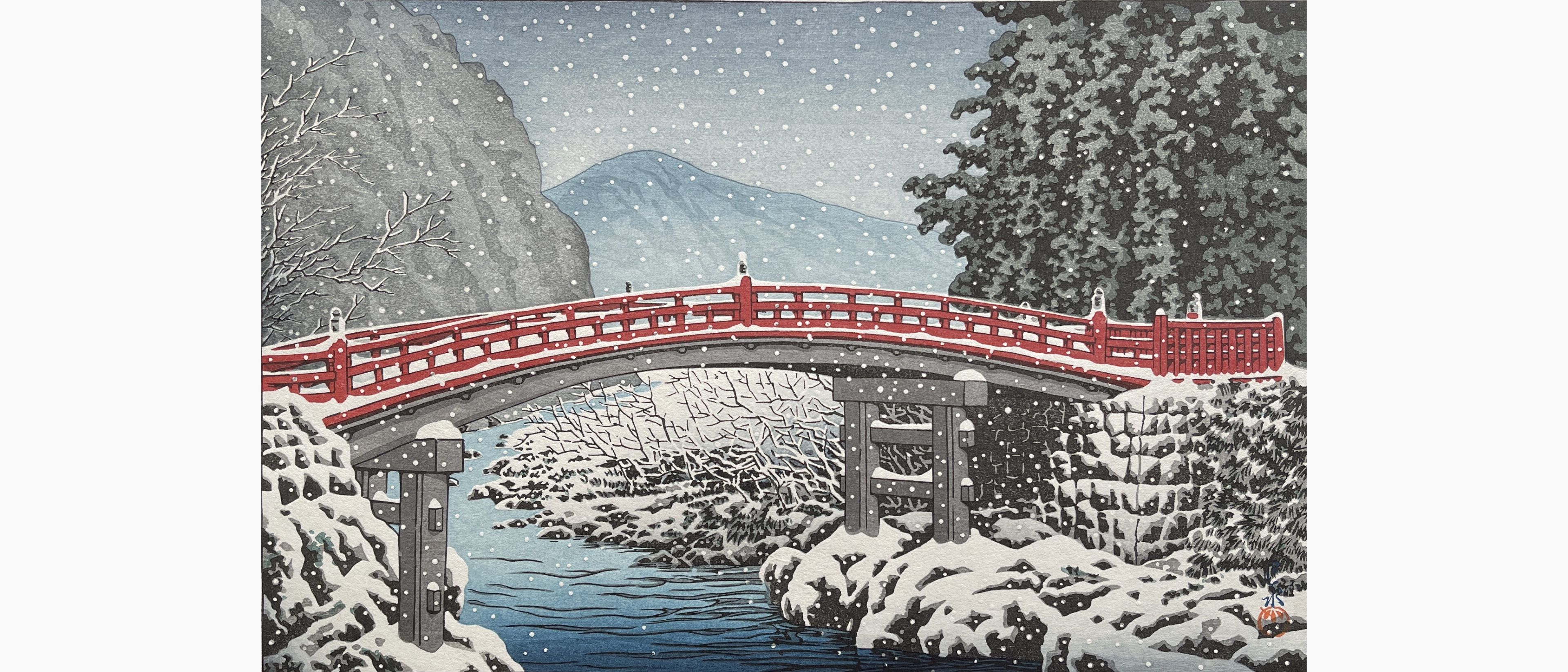 Original woodblock print - Kawase Hasui - Snow at the Shin Bridge, Nikko
