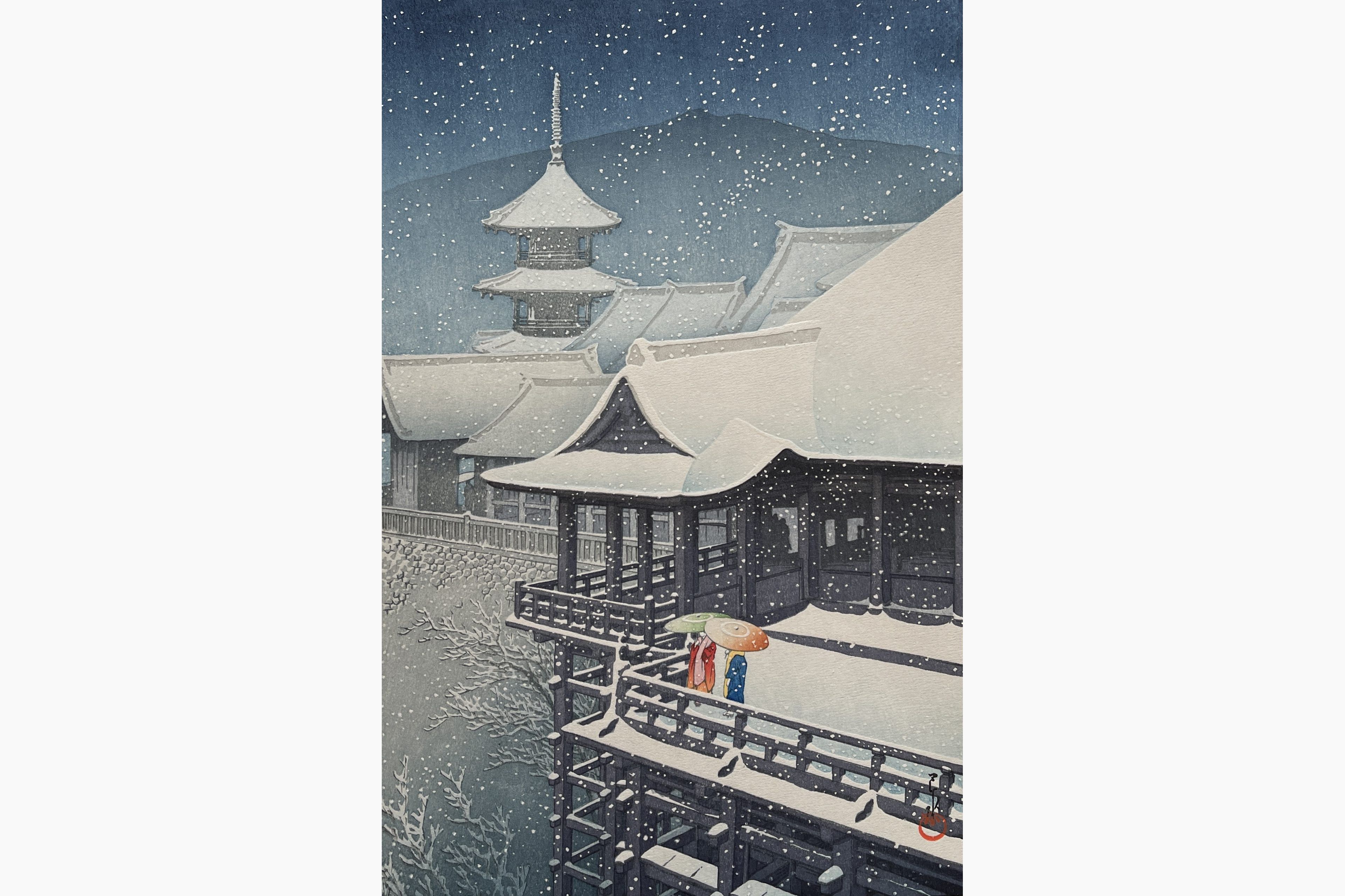 Original woodblock print - Kawase Hasui - Spring Snow at Kiyomizu Temple in Kyoto