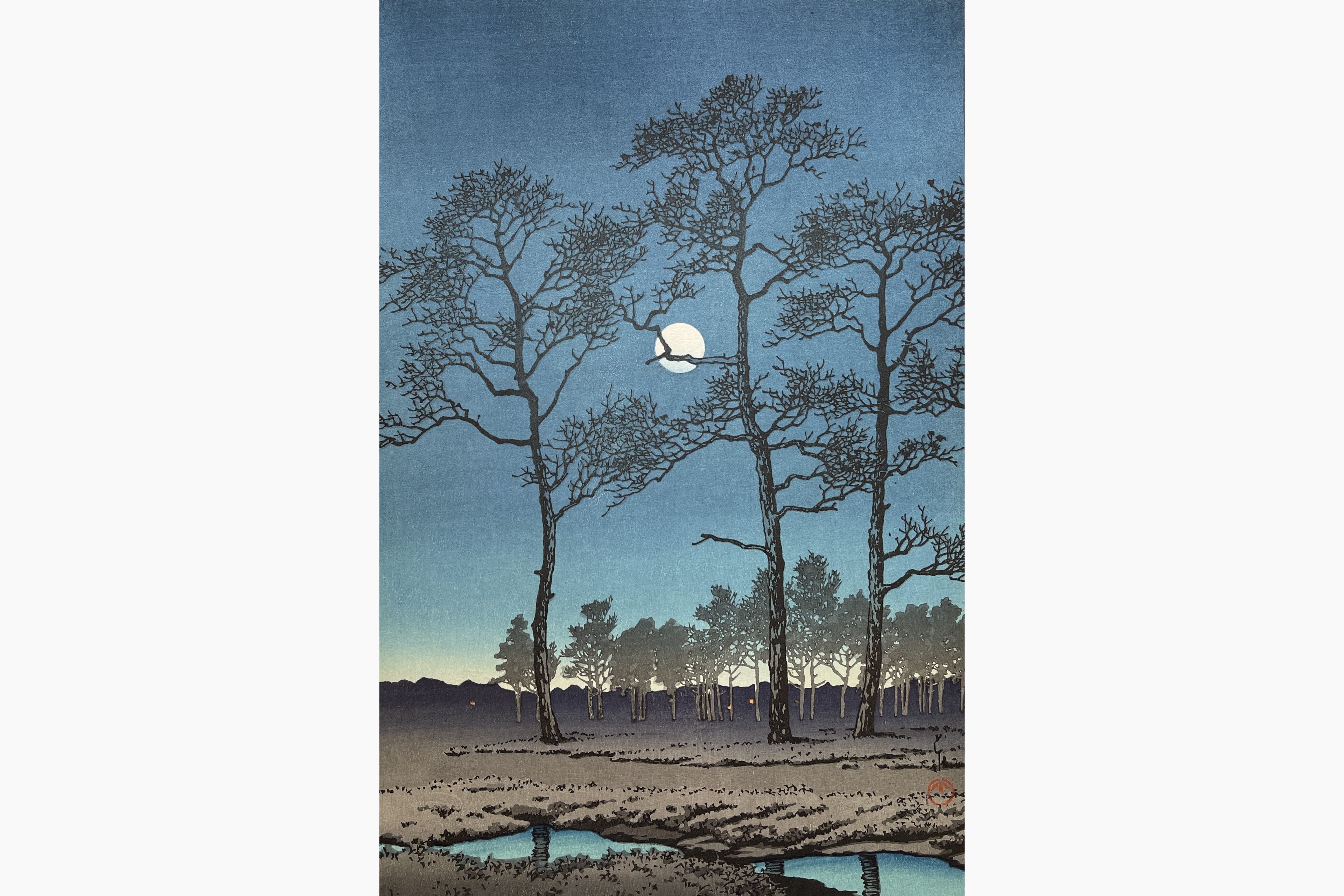 Original woodblock print - Kawase Hasui - Winter Moon over Toyama Plain