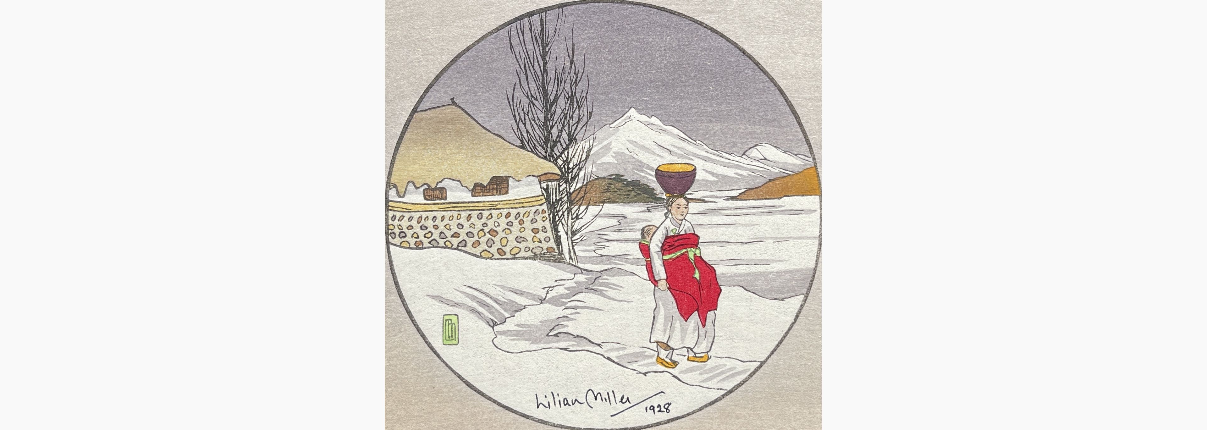Original woodblock print - Lilian May Miller - Korean Woman Walking in Snow