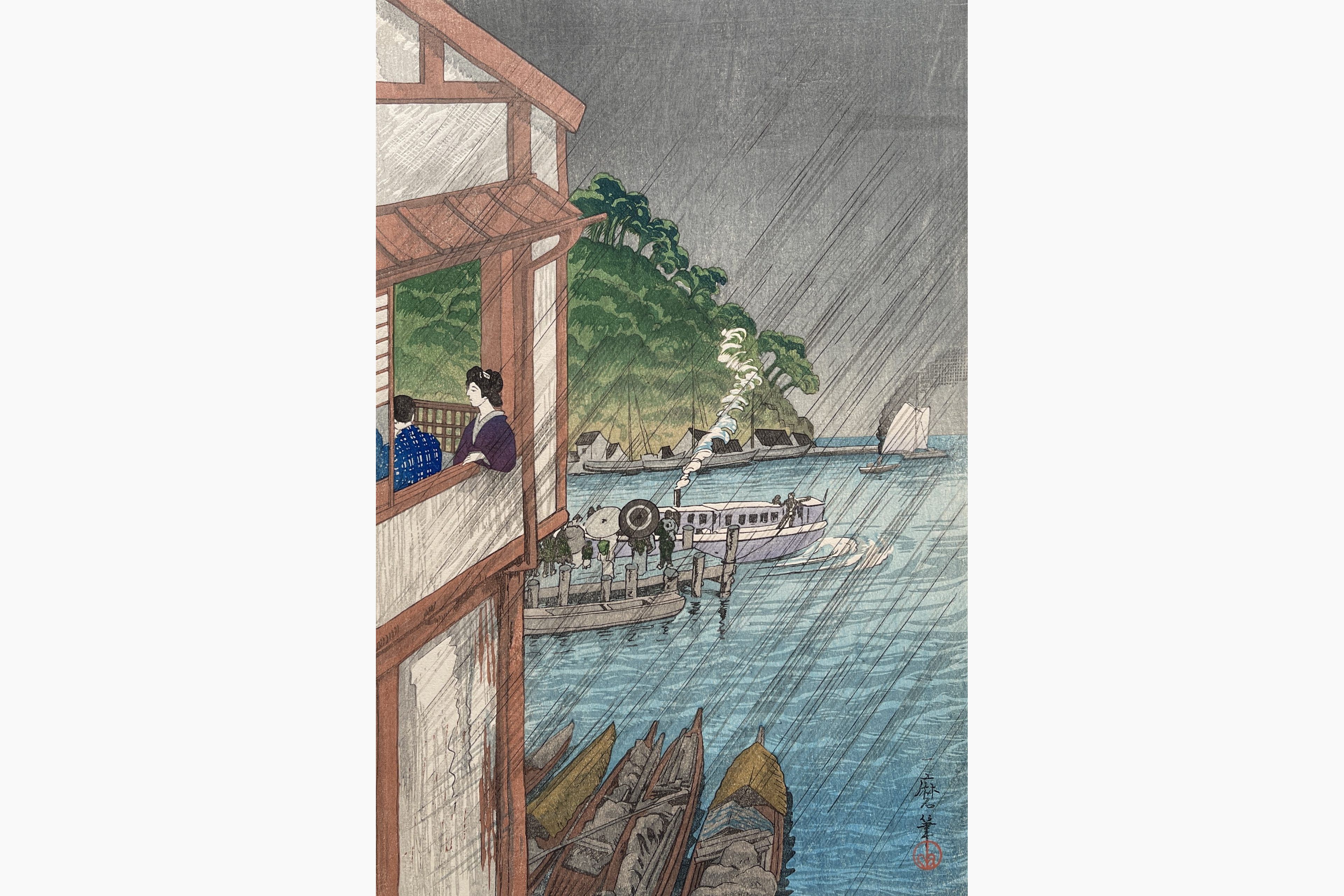 Original woodblock print - Oda Kazuma - View of Mihonoseki, Izumo