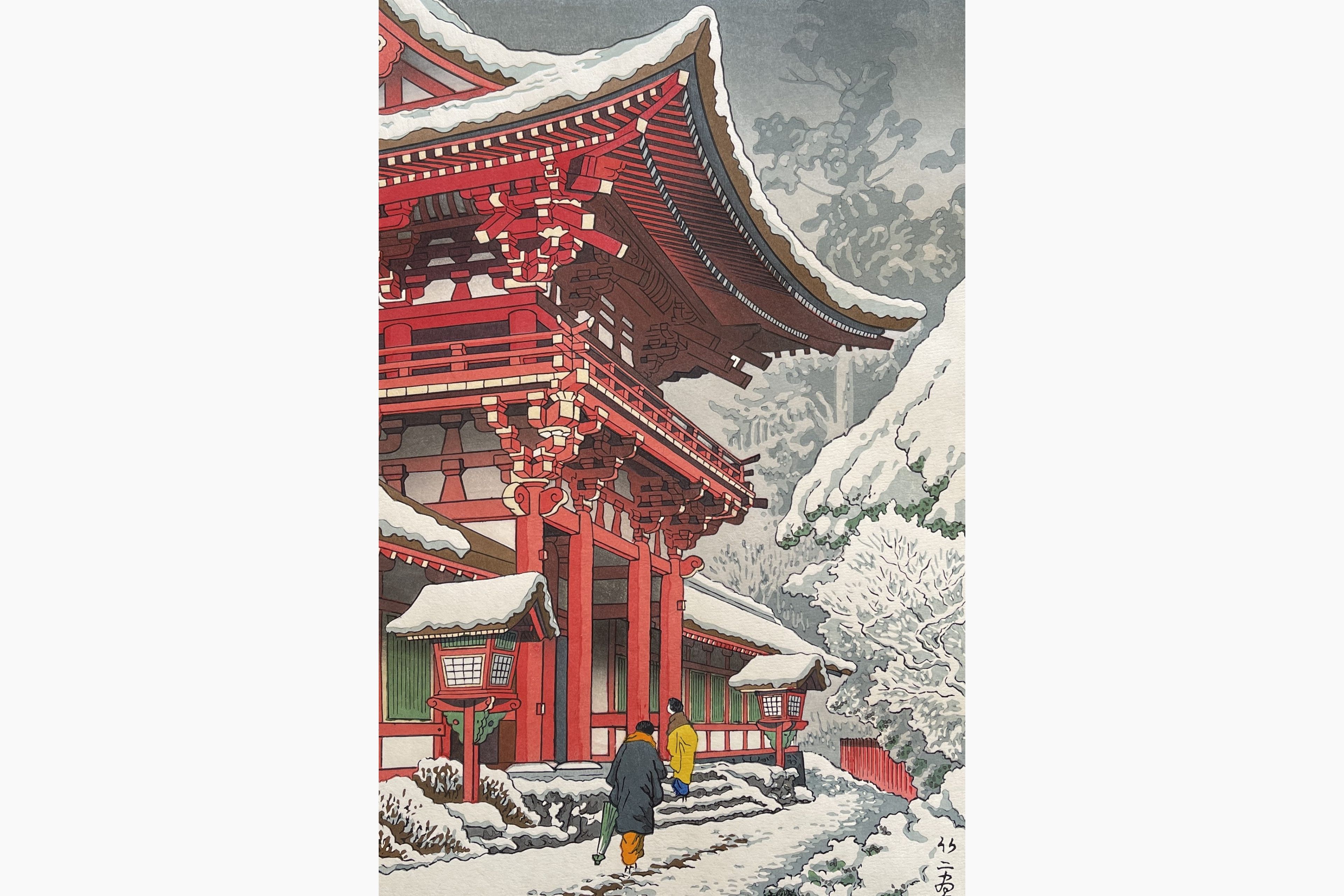 Original woodblock print - Takeji Asano - Snow in Kamigamo Shrine, Kyoto