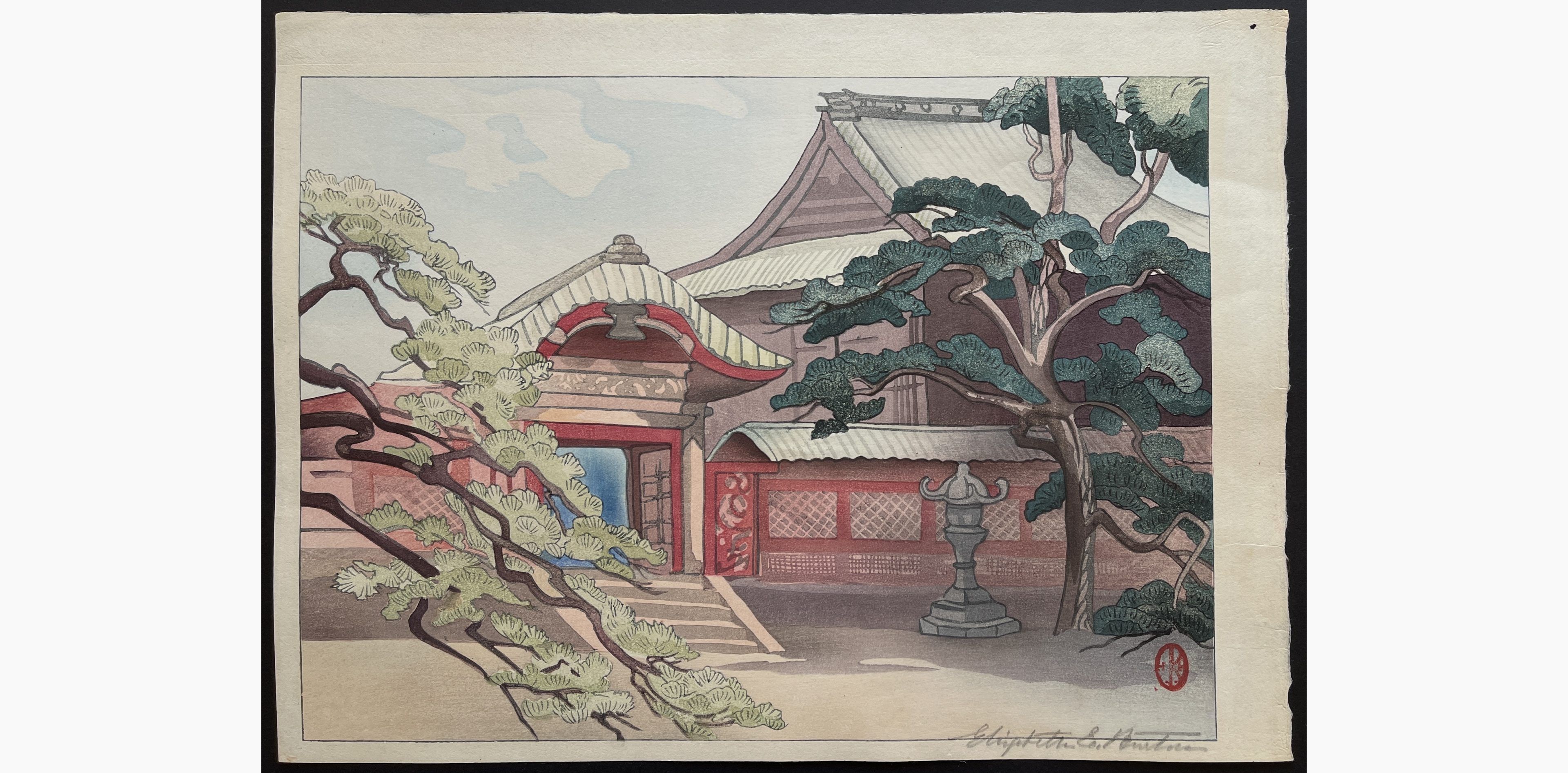 Japanese woodblock print - Elizabeth Eaton Burton - Temple Courtyard