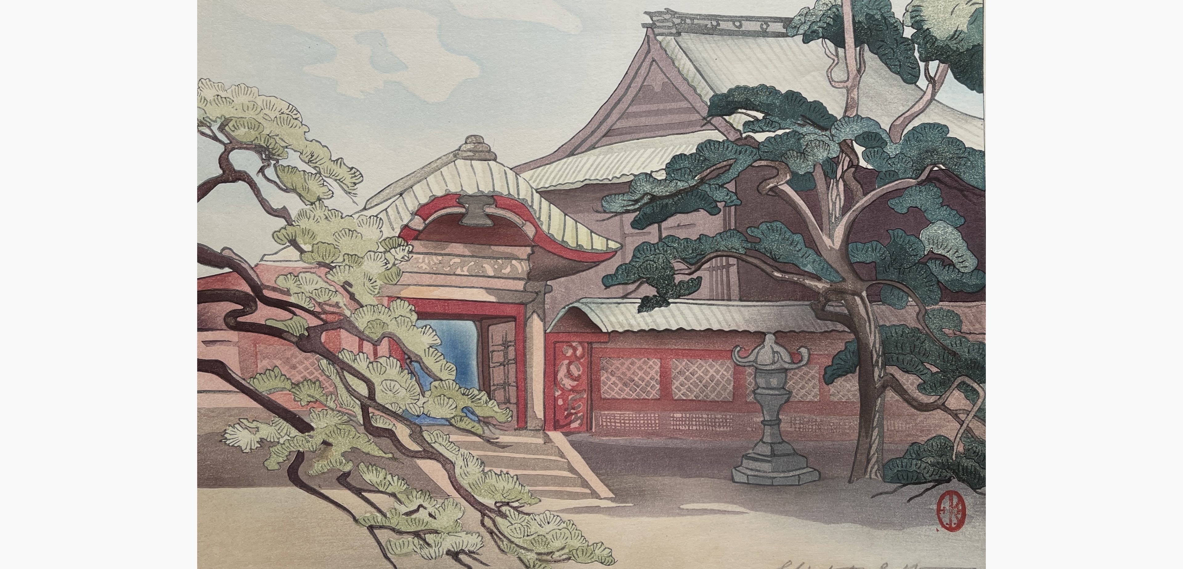 Original woodblock print - Elizabeth Eaton Burton - Temple Courtyard