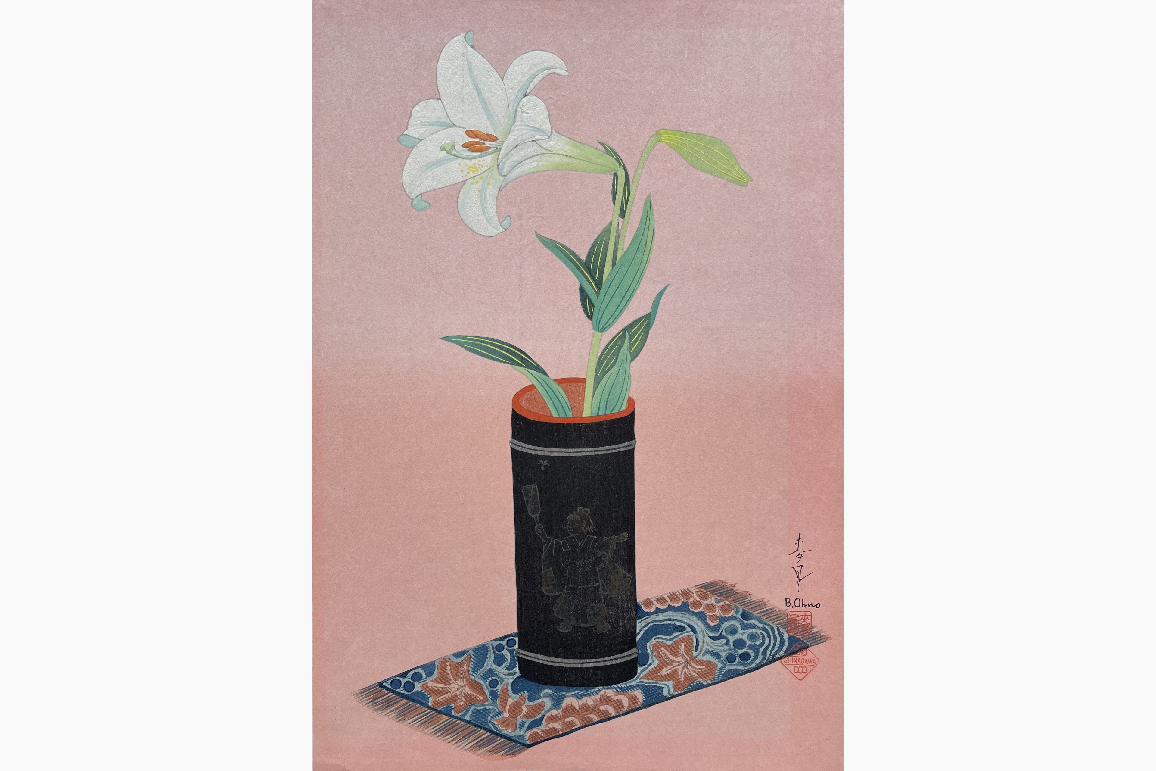 Original woodblock print - Ohno Bakufu - Lily in Bamboo Vase (Variant)